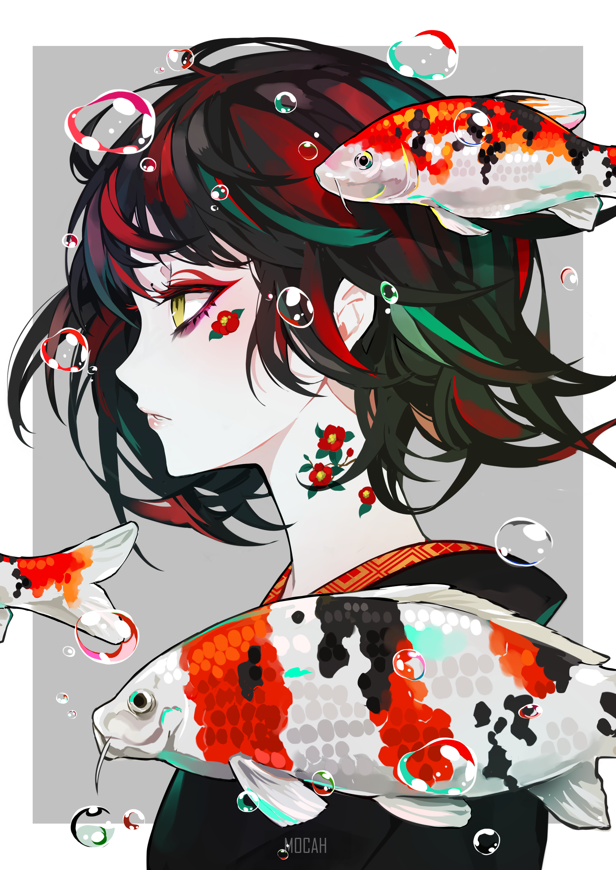 Anime girl with koi fish and flowers HD Phone Wallpaper