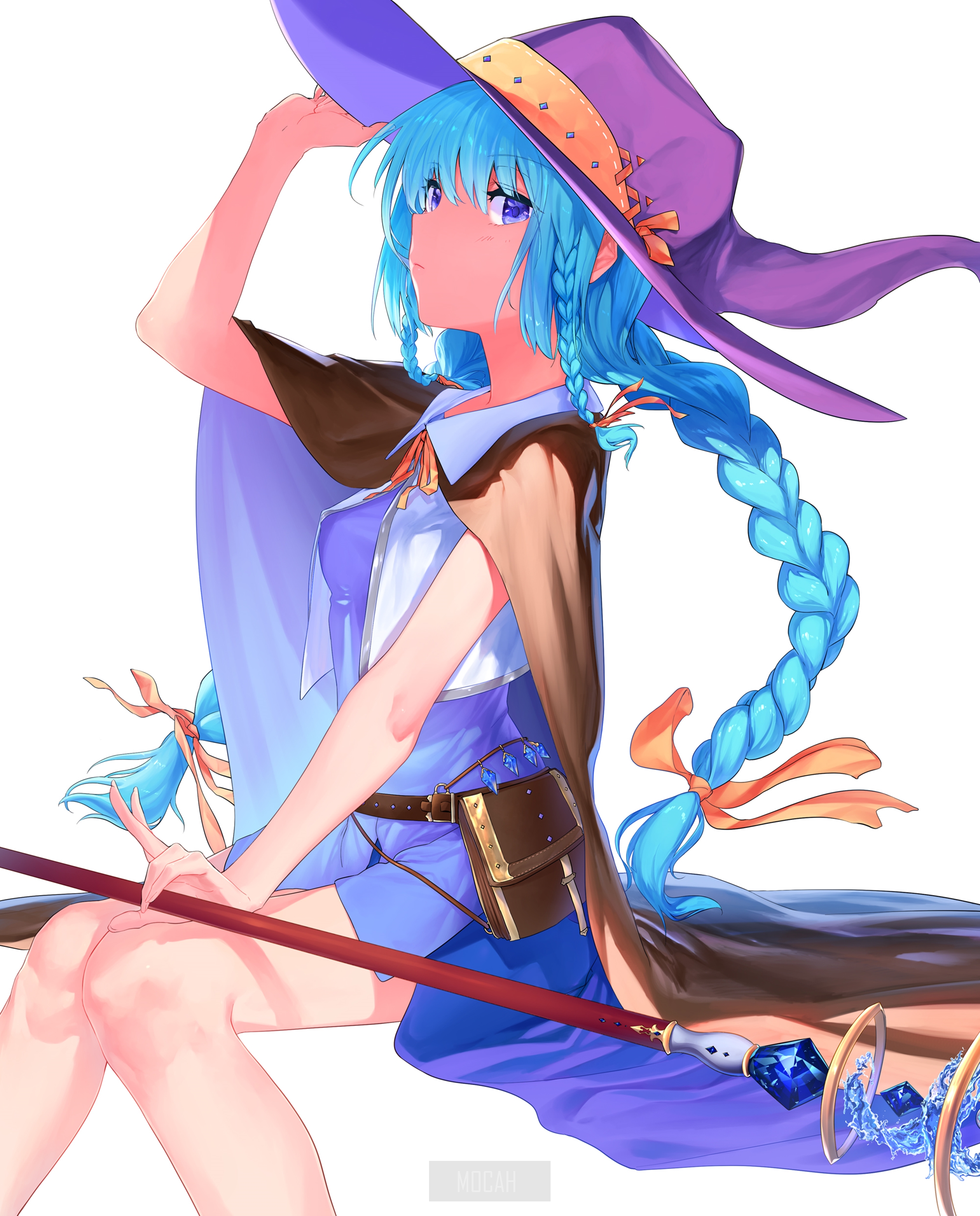 Anime girl with blue hair and witch hat HD Phone Wallpaper