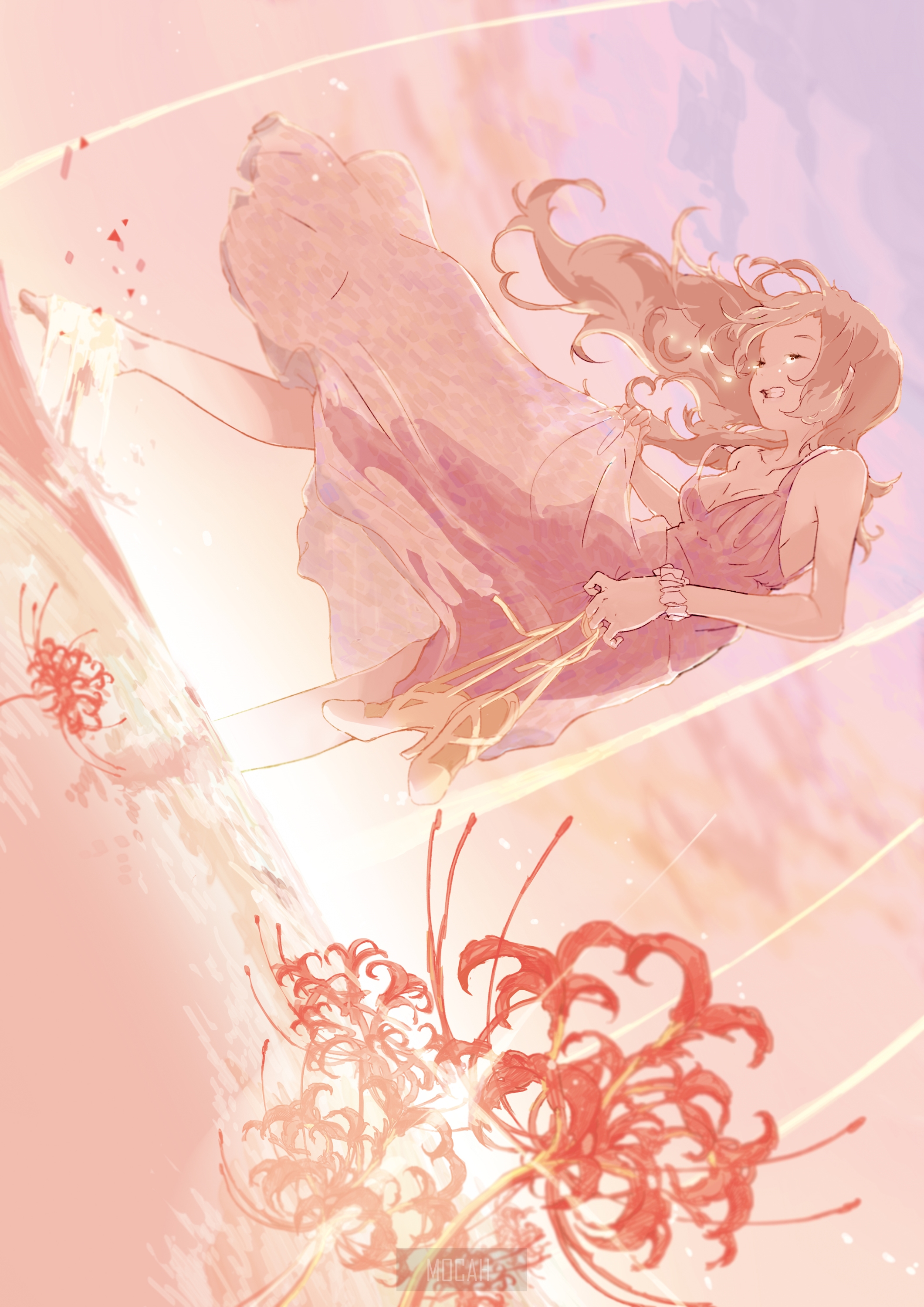 Anime girl in a pink dress falling with flowers HD Phone Wallpaper