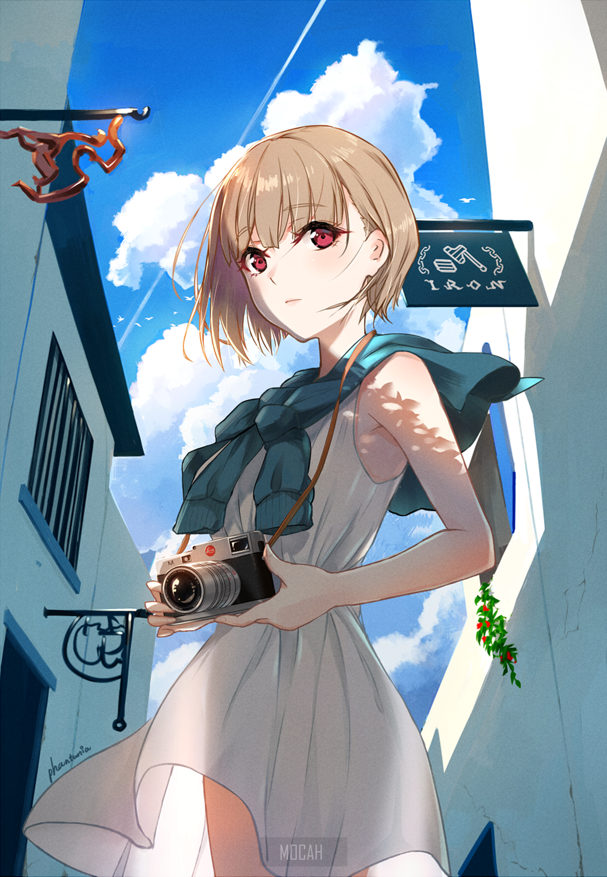 Anime girl with blonde hair and red eyes holding a camera HD Phone Wallpaper