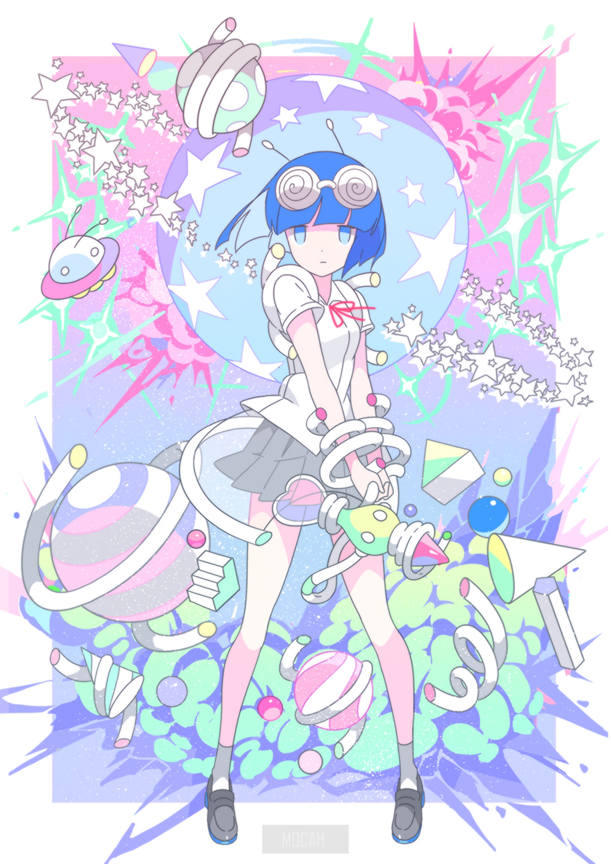 Anime girl with blue hair and alien-themed accessories HD Phone Wallpaper