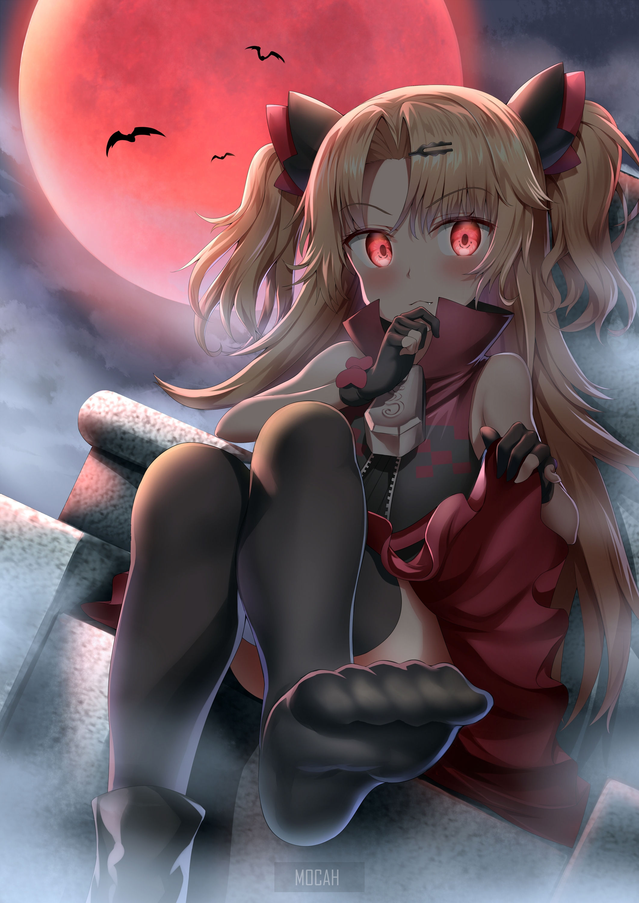 Anime girl with blonde pigtails and red eyes under a red moon HD Phone Wallpaper