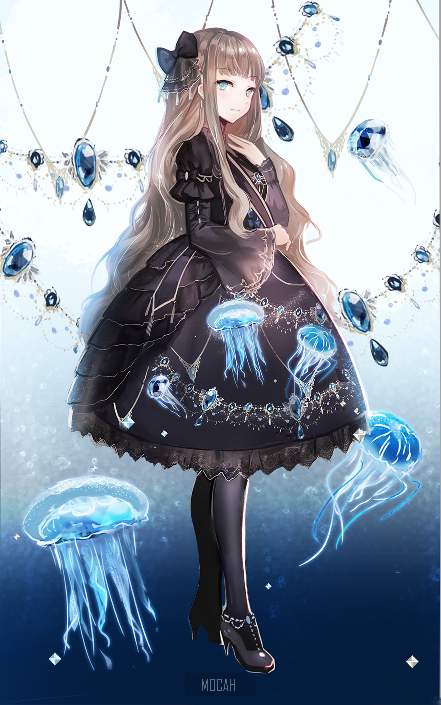 Anime Girl in Elegant Dress with Jellyfish HD Phone Wallpaper