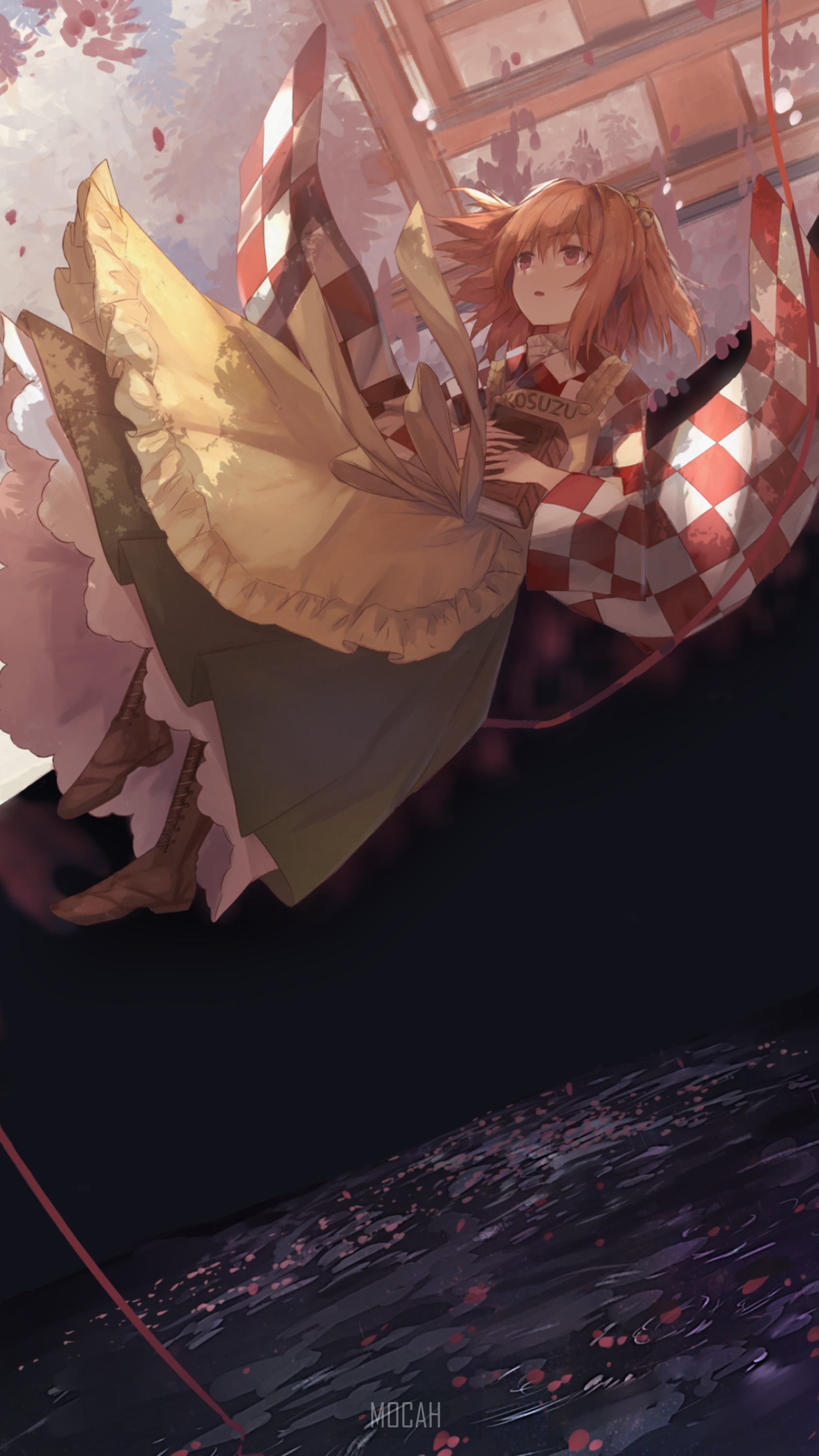 Anime girl with books and checkered pattern HD Phone Wallpaper