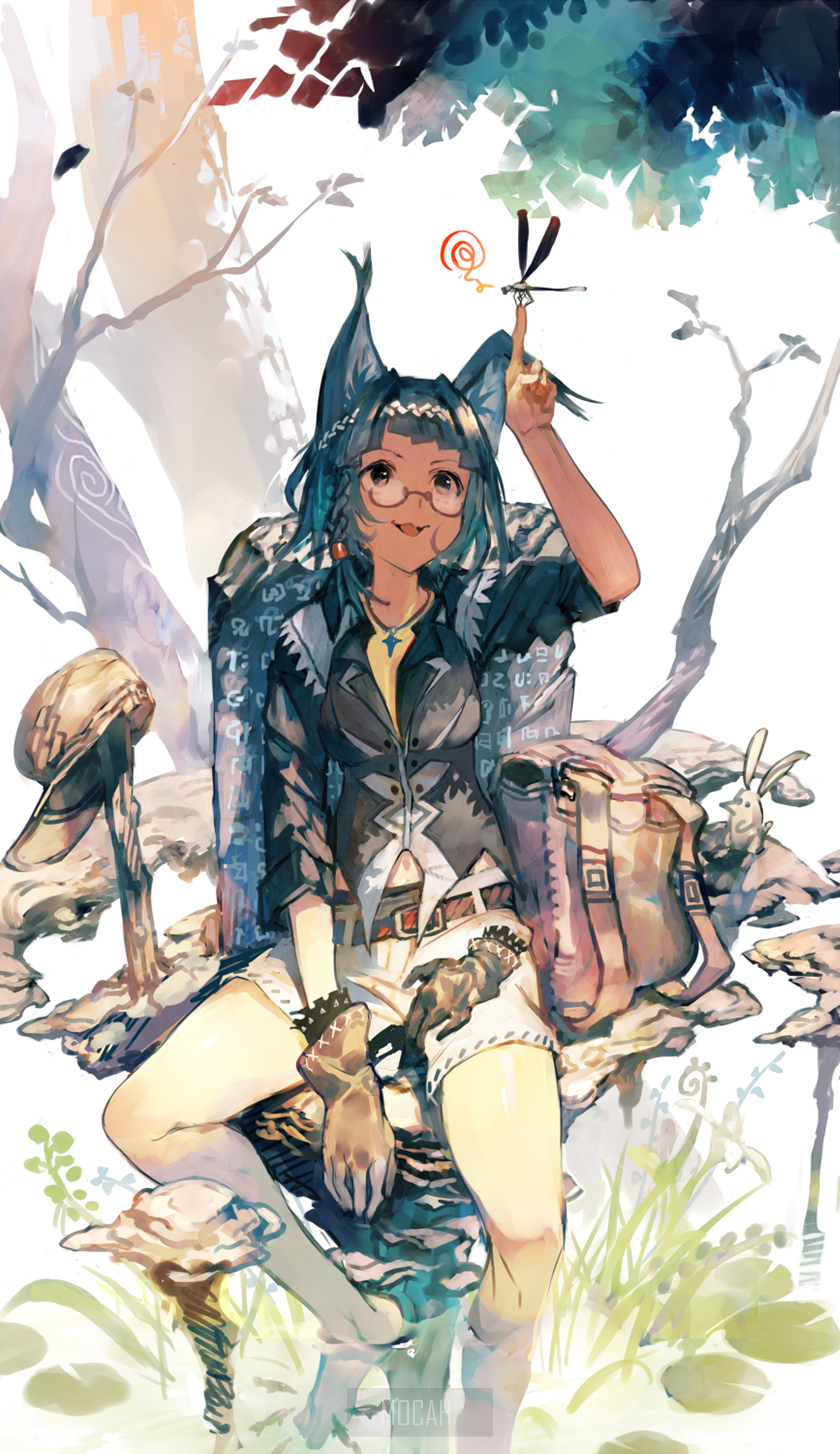 Anime girl with cat ears holding a dragonfly HD Phone Wallpaper