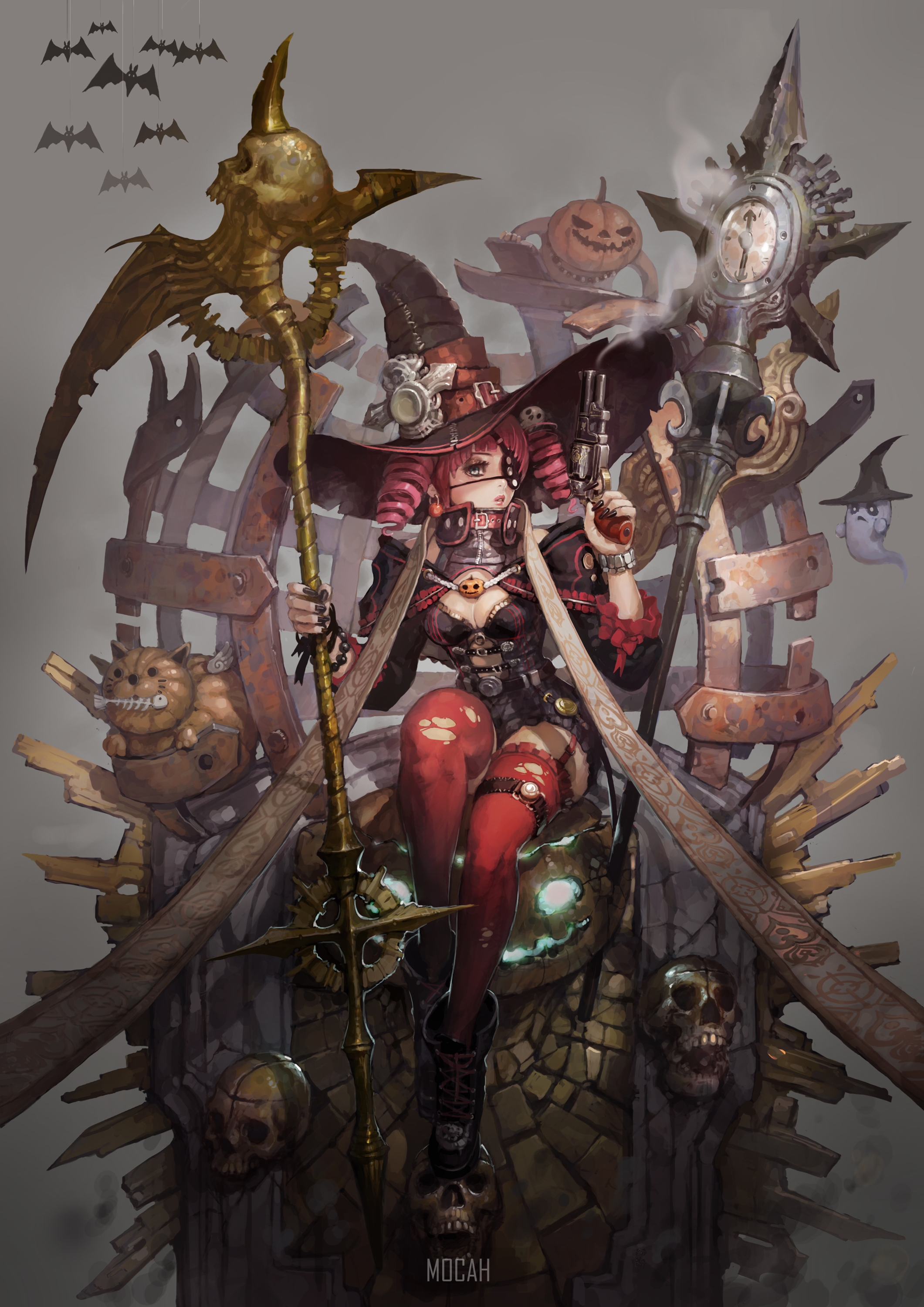 Steampunk witch with scythe and gun on throne HD Phone Wallpaper