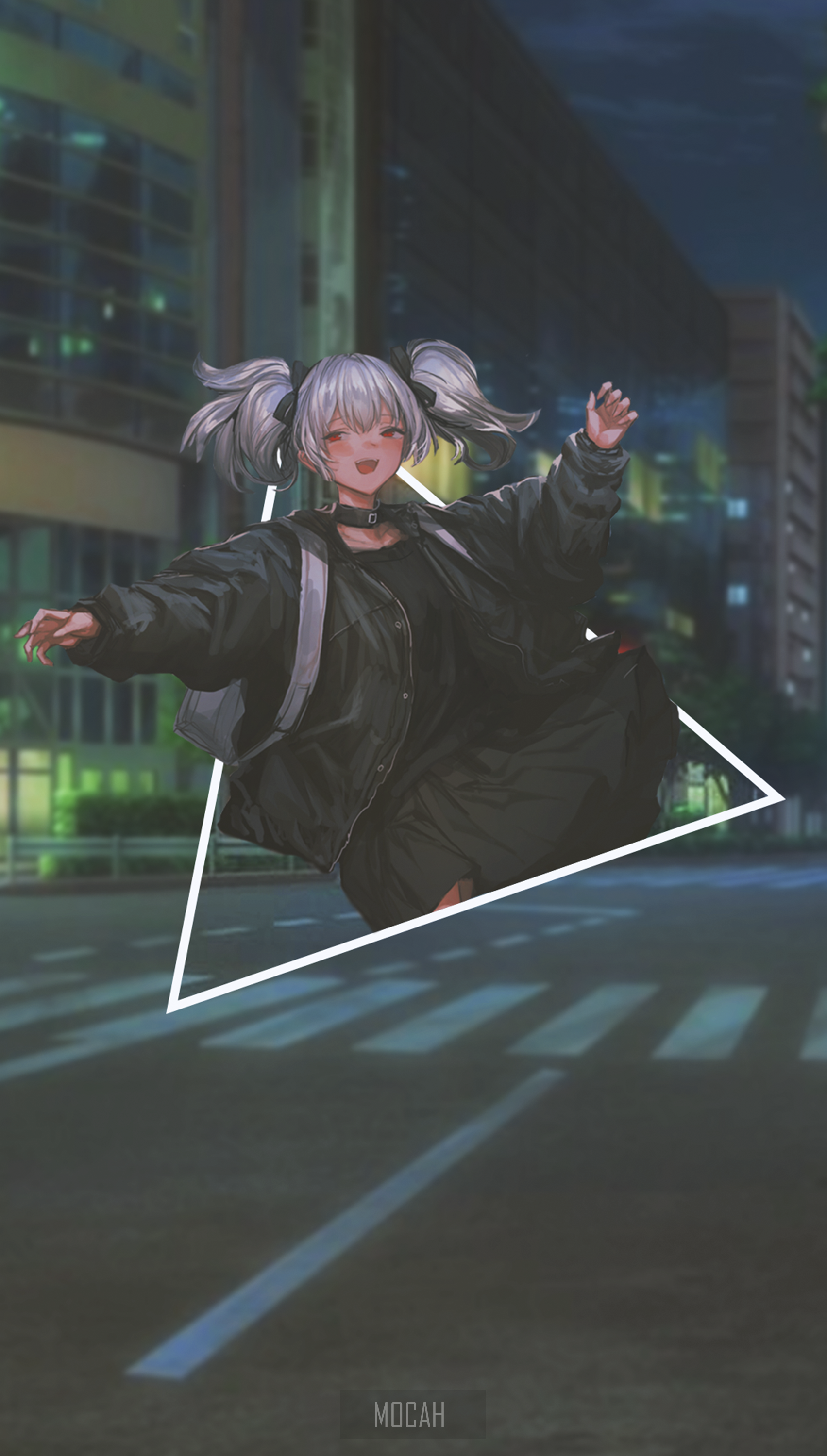 Anime girl with pigtails in a city at night HD Phone Wallpaper