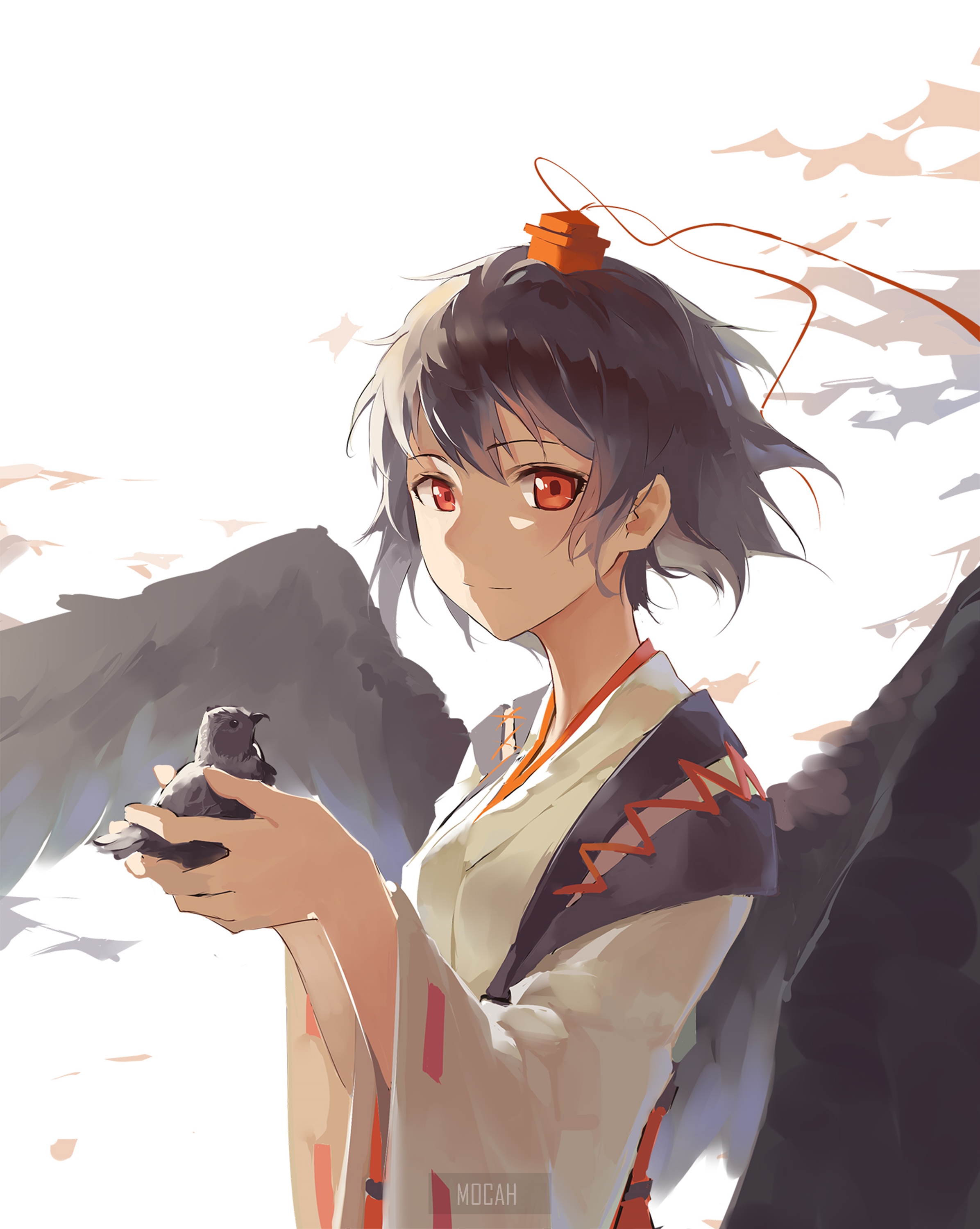 Shameimaru Aya from Touhou holding a bird HD Phone Wallpaper