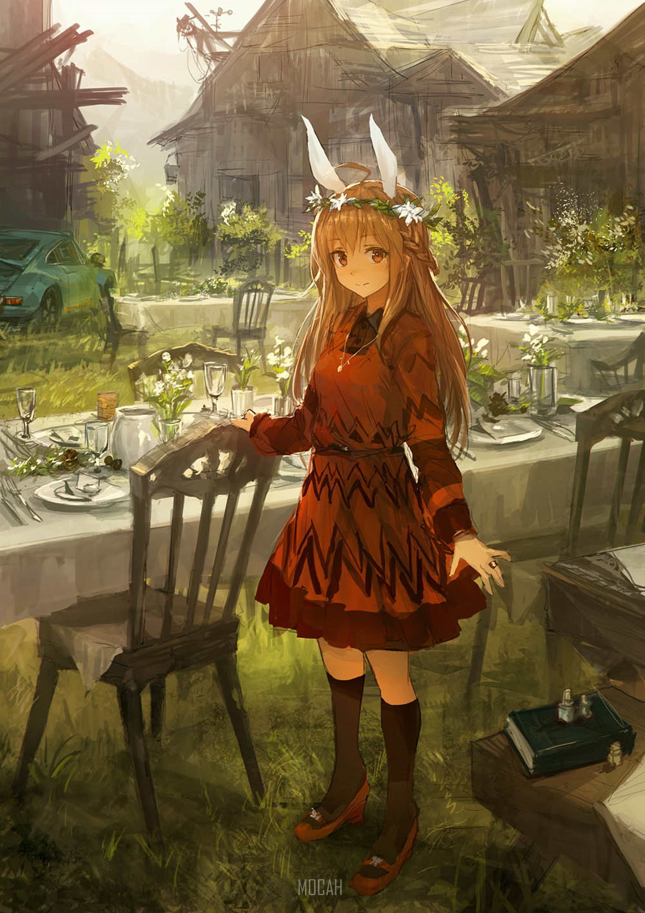 Anime girl with bunny ears at a garden party HD Phone Wallpaper