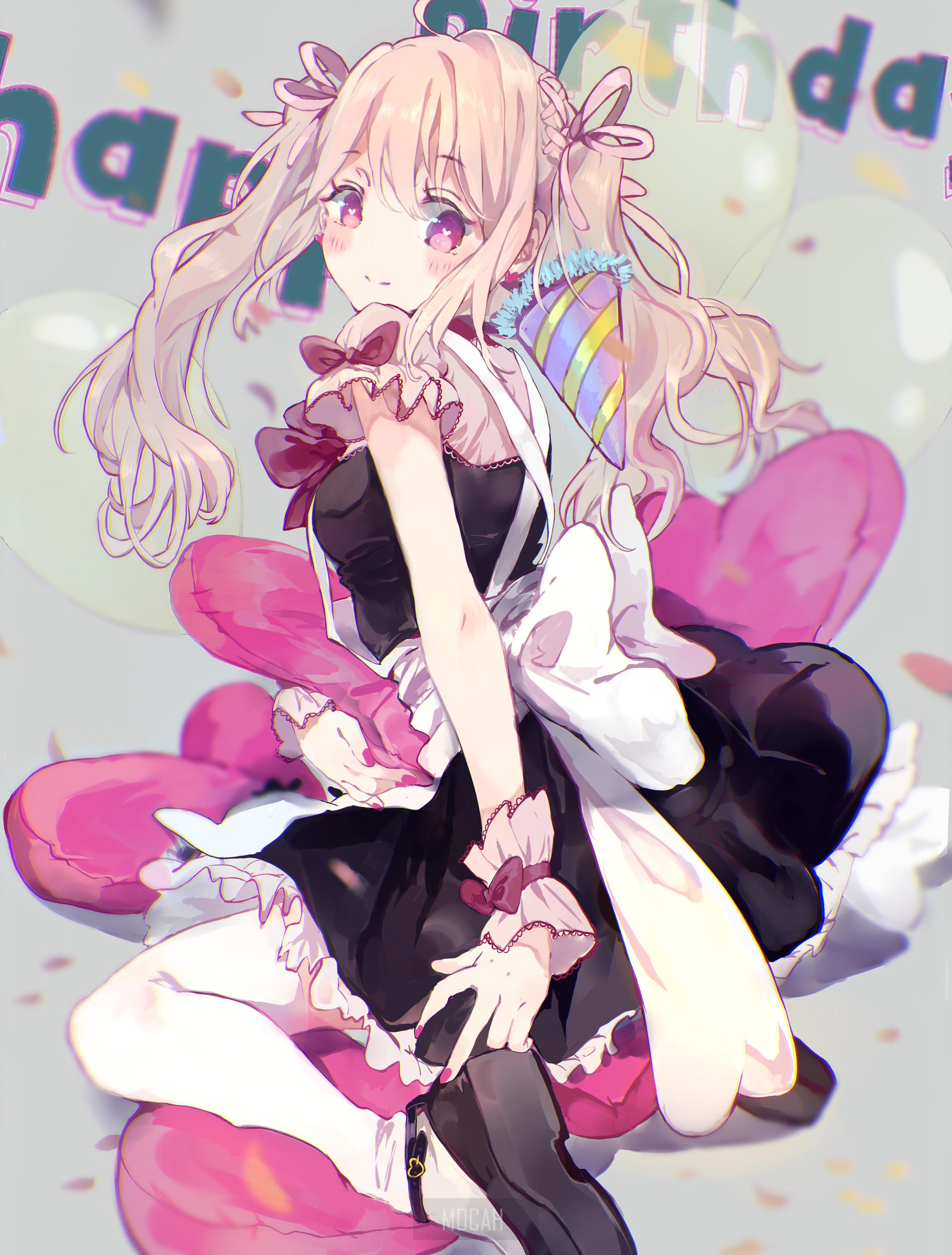 Anime girl with blonde hair and pink eyes HD Phone Wallpaper