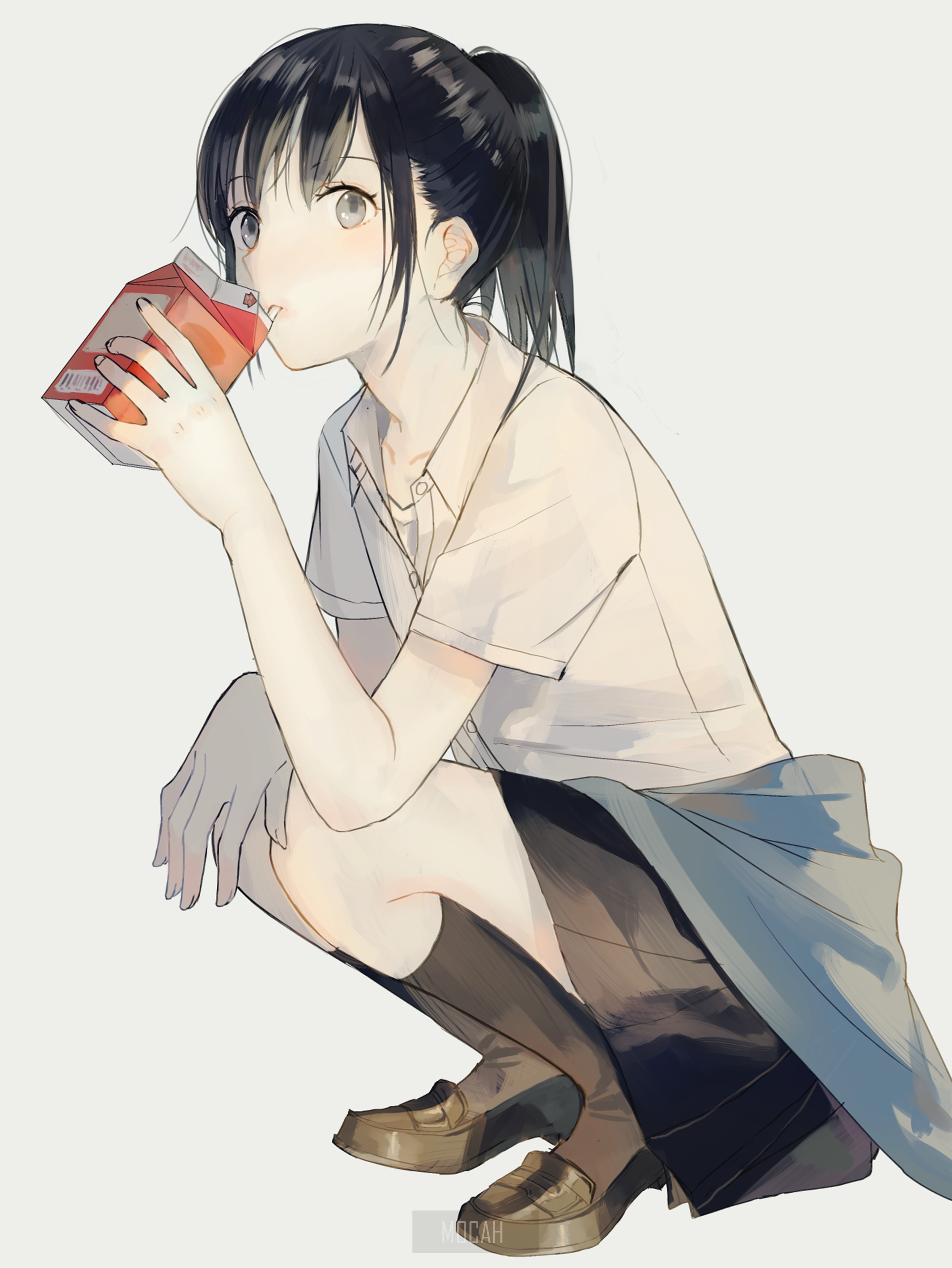 Anime girl squatting and drinking juice HD Phone Wallpaper