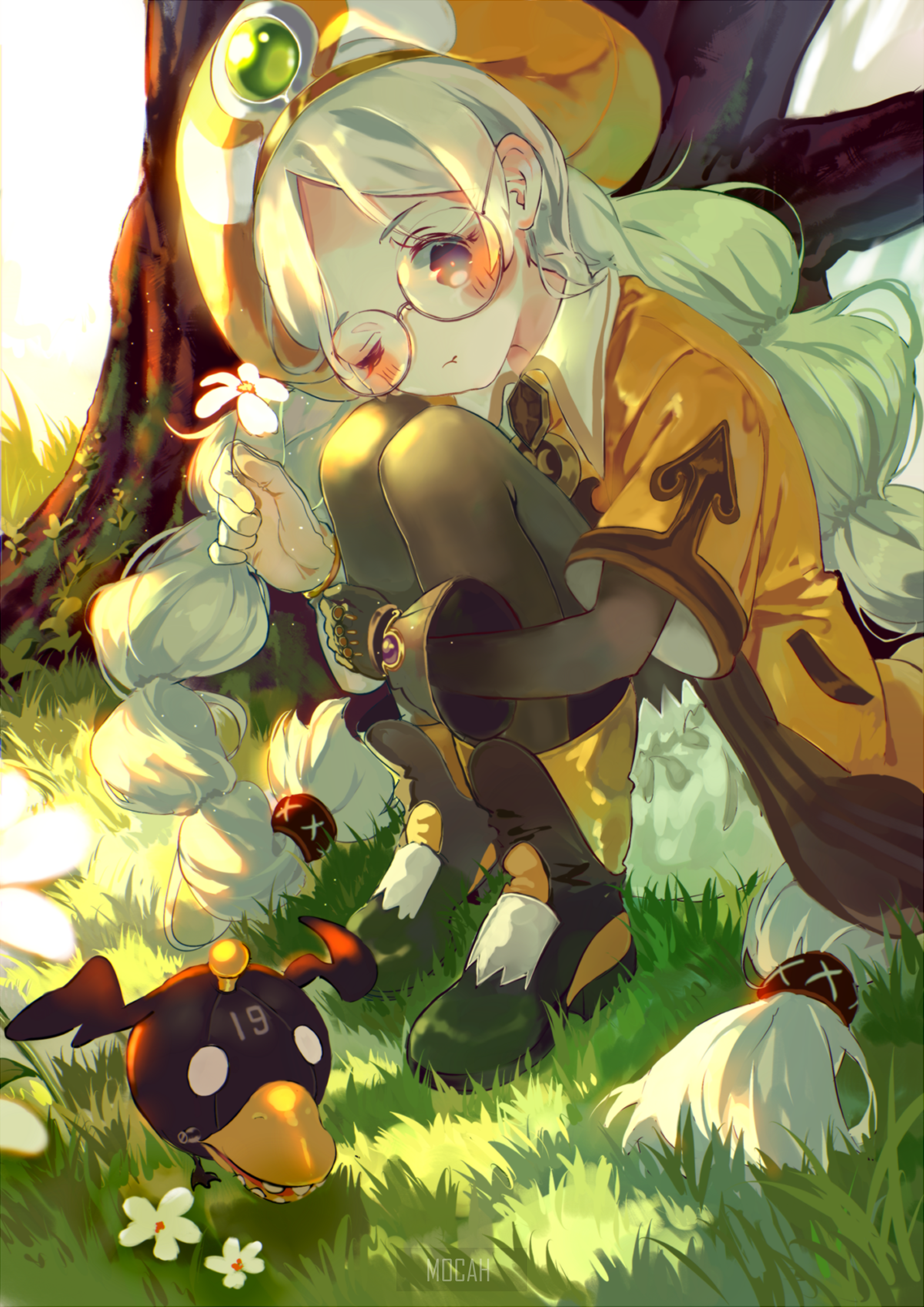 Anime girl with glasses and a creature in grass HD Phone Wallpaper