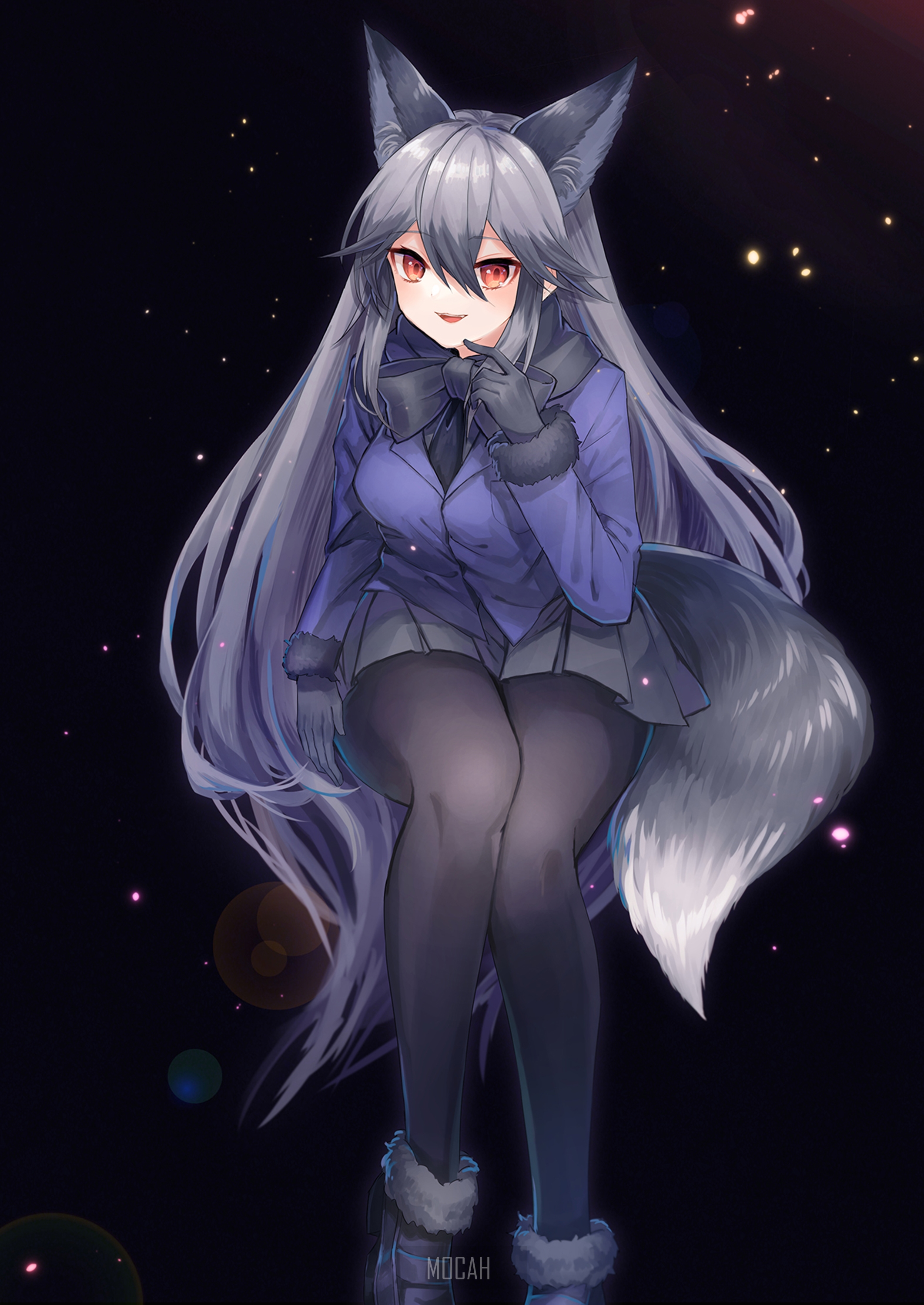 Anime girl with fox ears and tail in space HD Phone Wallpaper