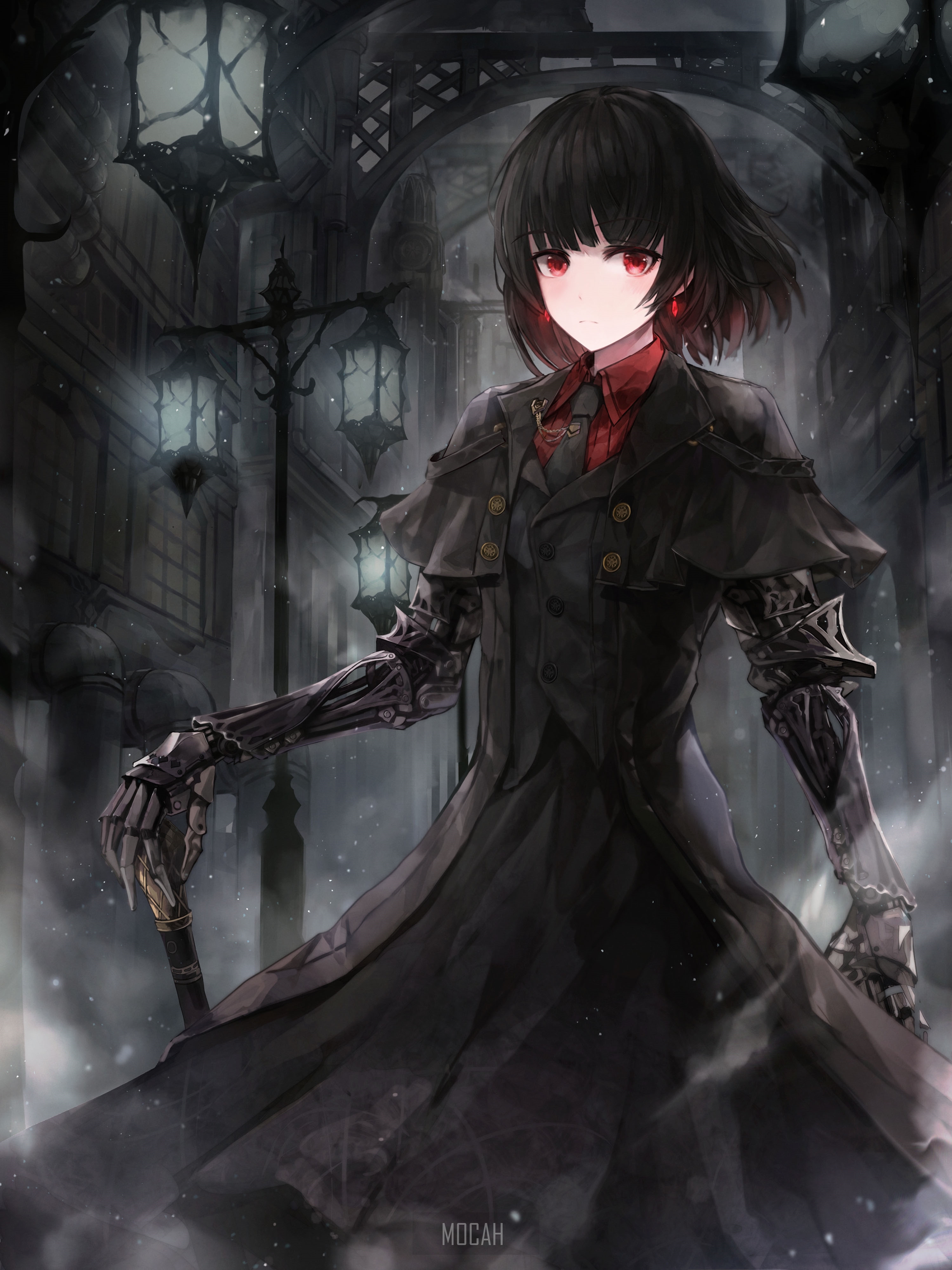 Anime girl with red eyes and mechanical arms in dark alley HD Phone Wallpaper