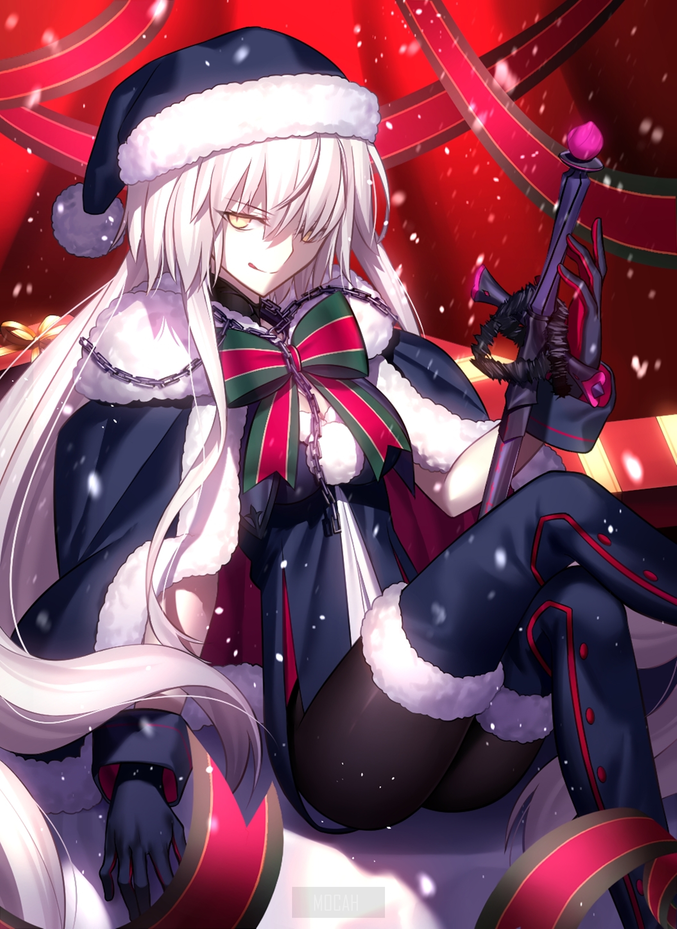 Anime girl with white hair and Santa hat holding a gun HD Phone Wallpaper