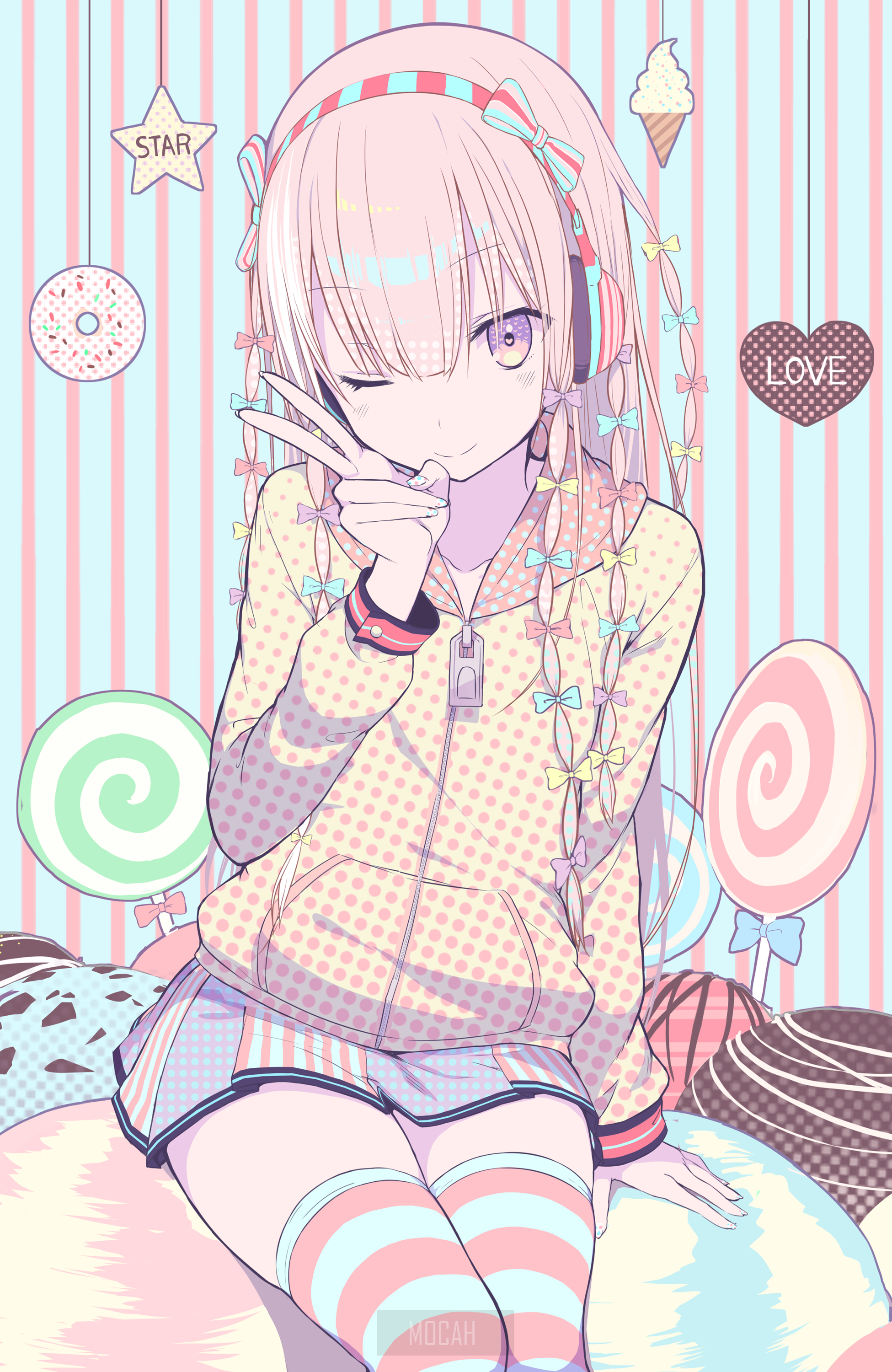 Anime girl with headphones and candy background HD Phone Wallpaper