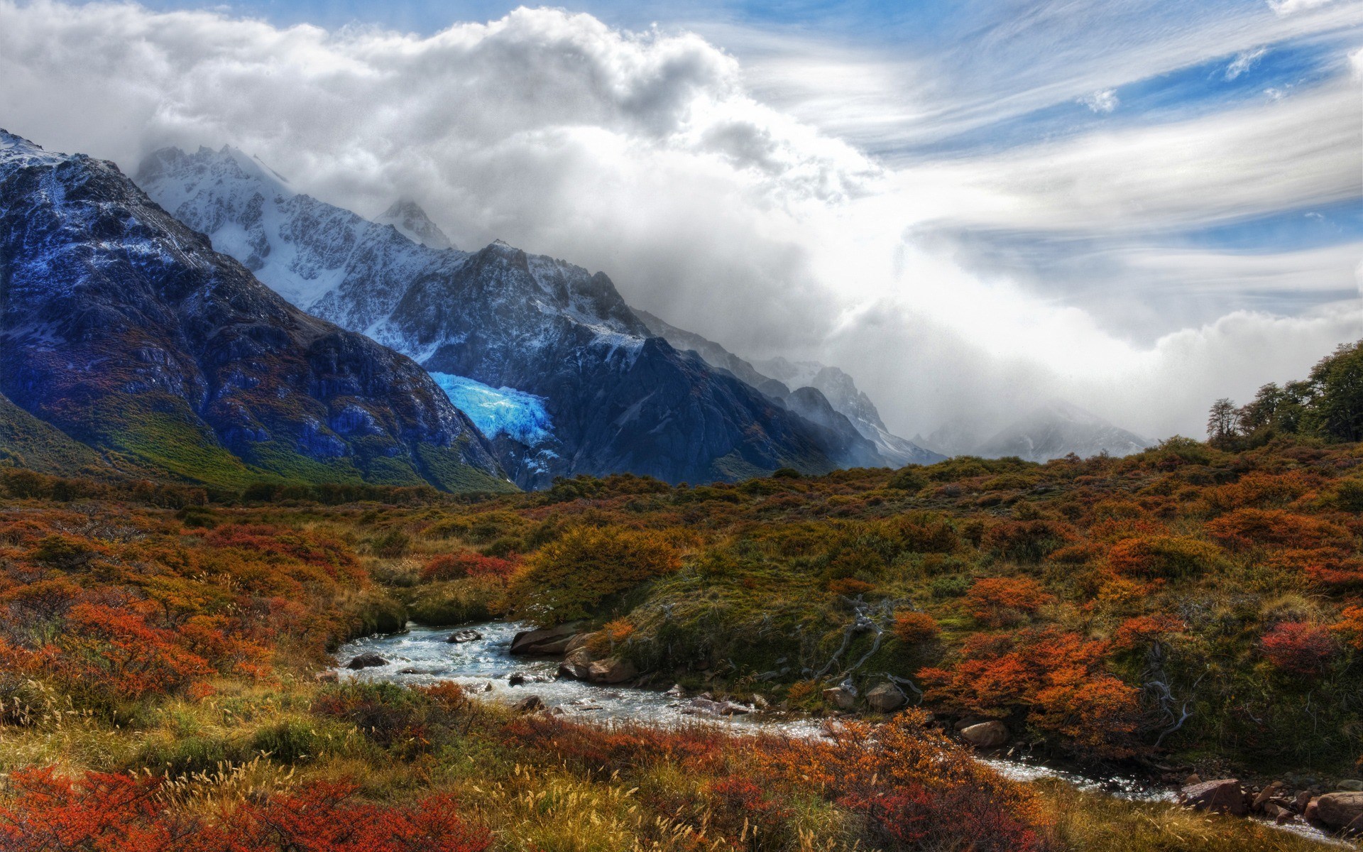 Mountain landscape with glacier and autumn foliage HD Wallpaper