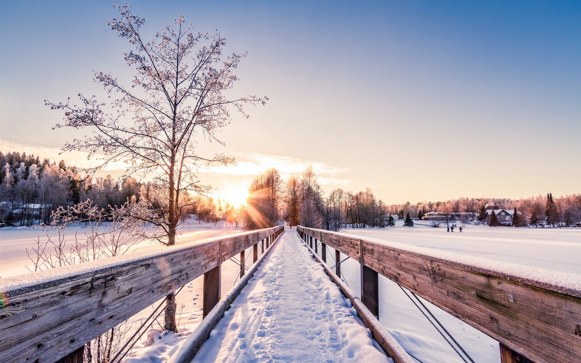 Snowy bridge at sunrise with frosted trees HD Wallpaper