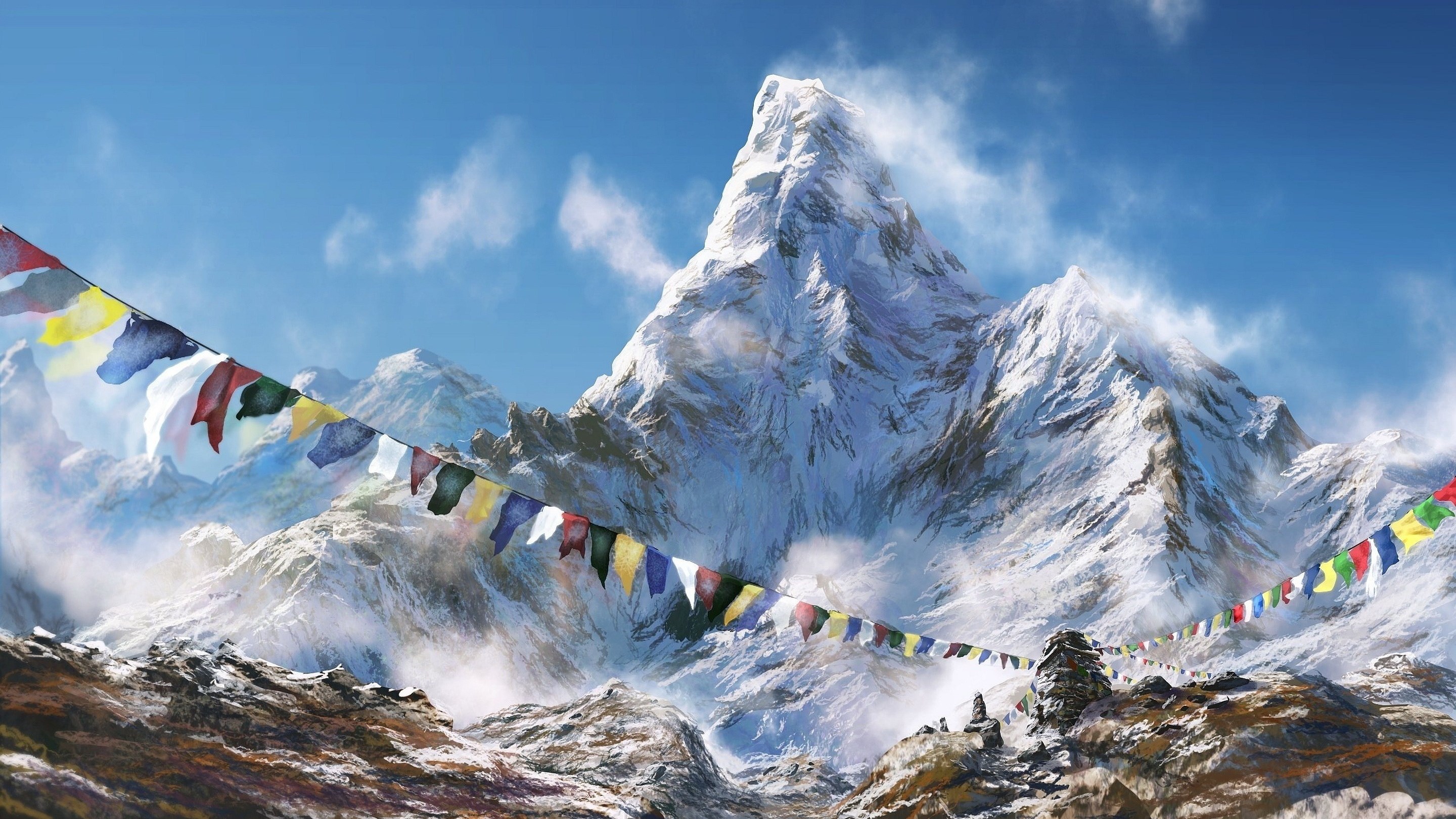 Prayer flags in front of snow-capped mountains HD Wallpaper