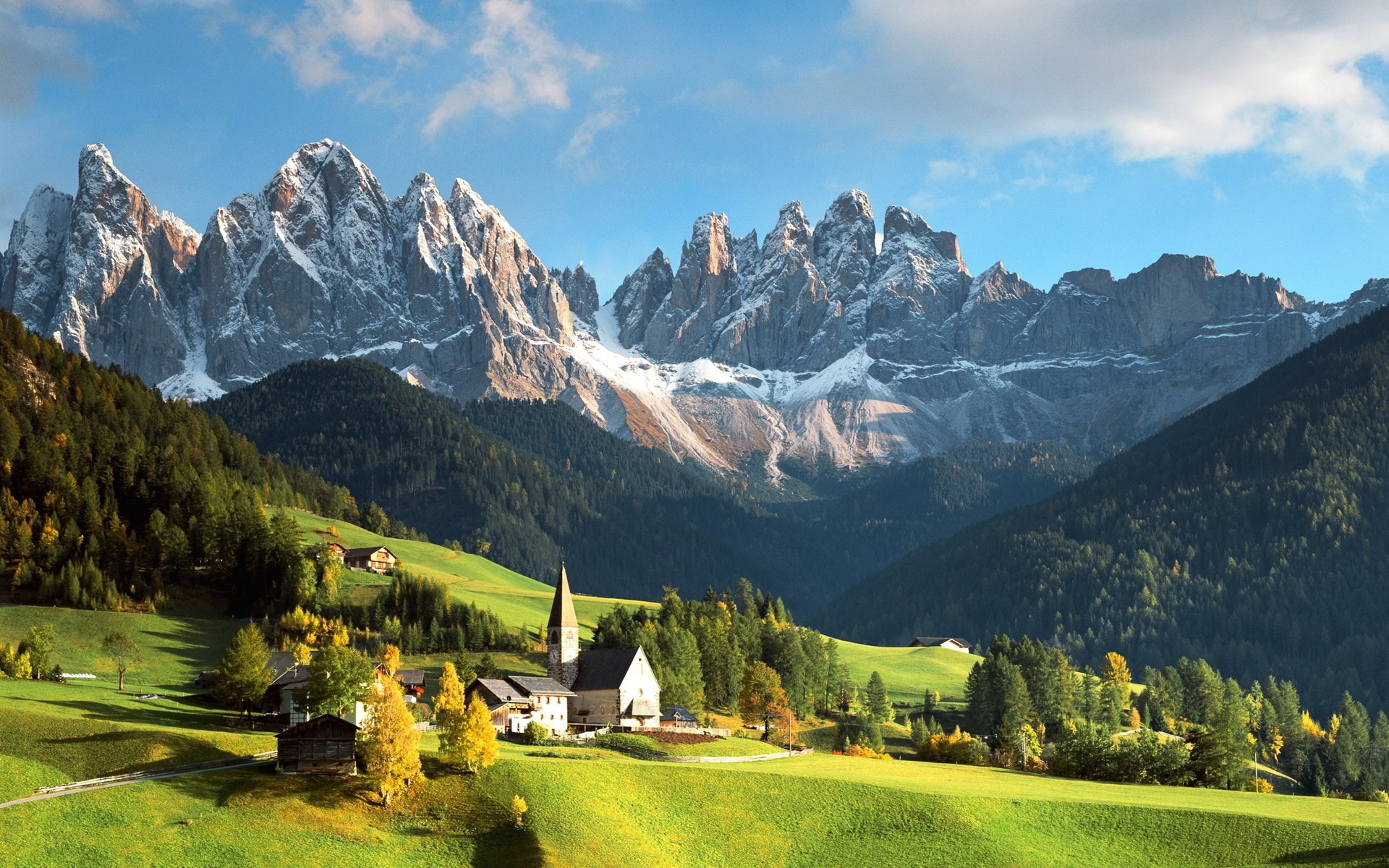 Village church in the Dolomites mountains HD Wallpaper