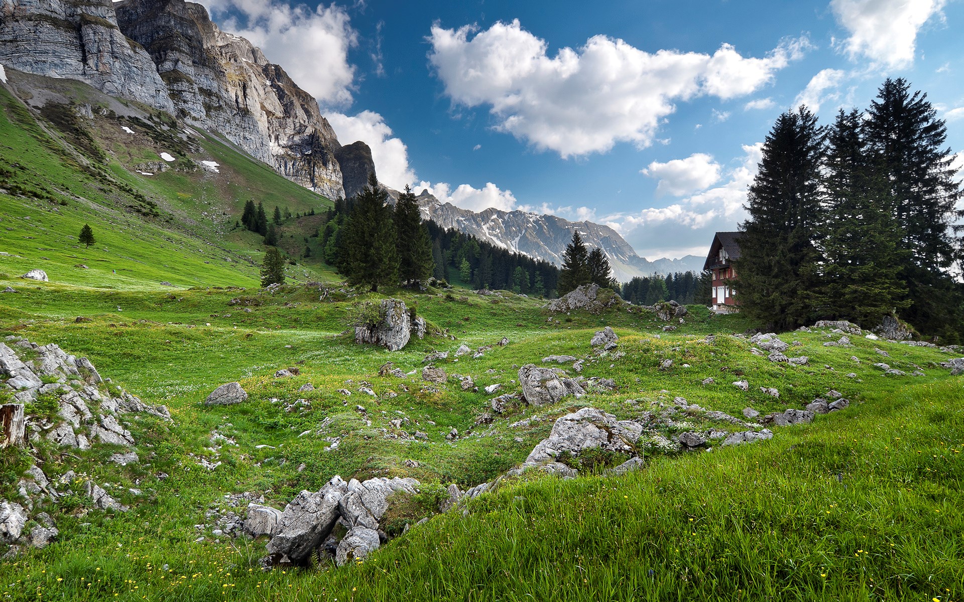 Alpine meadow with a house and mountains HD Wallpaper
