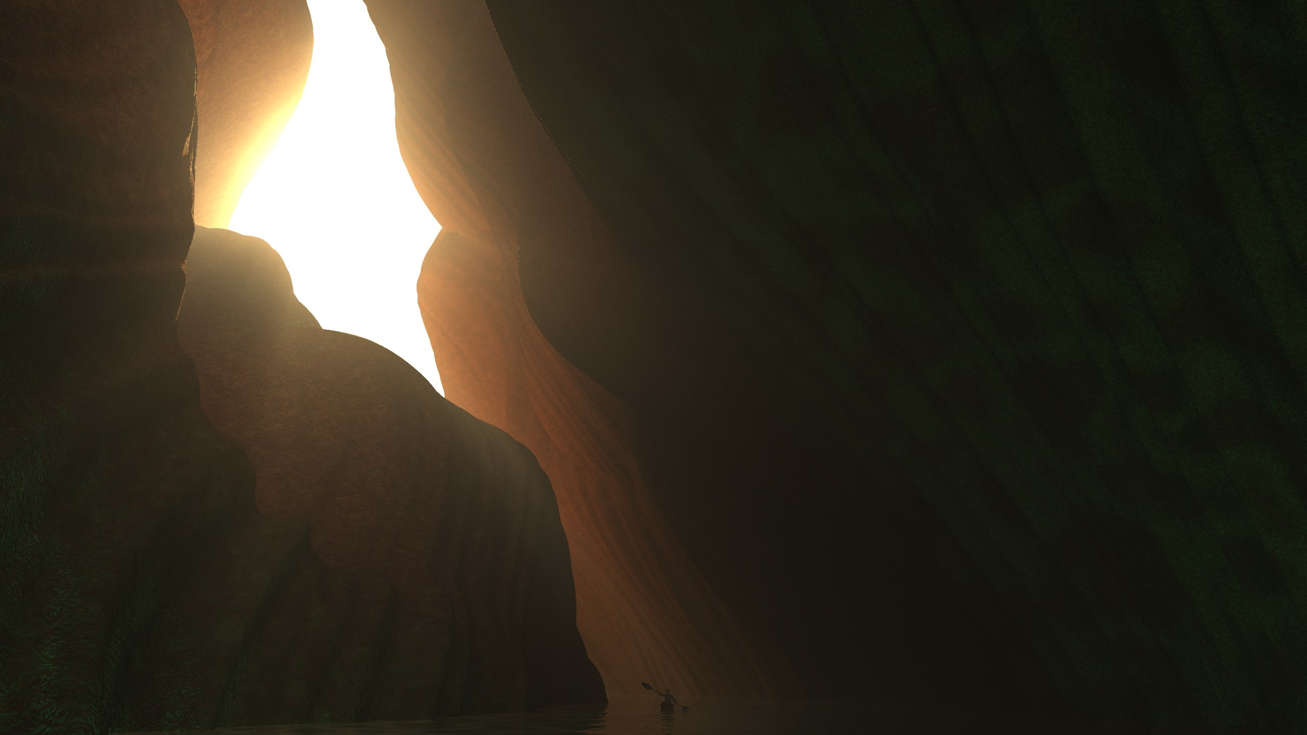 Kayaker in a sunlit canyon with water HD Wallpaper