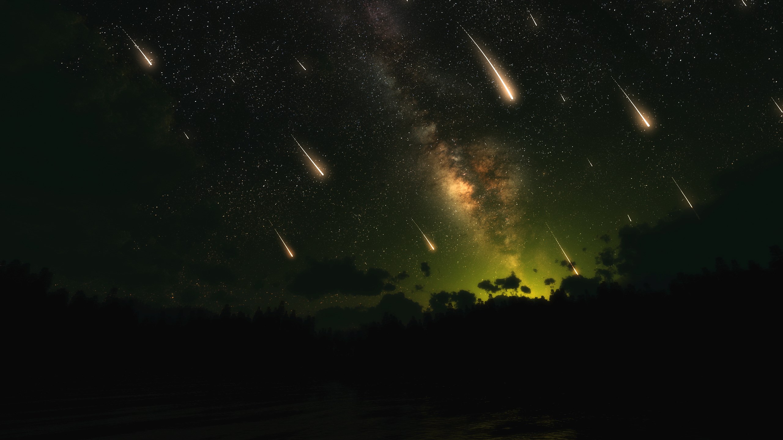 Meteor shower over a dark forest and lake HD Wallpaper