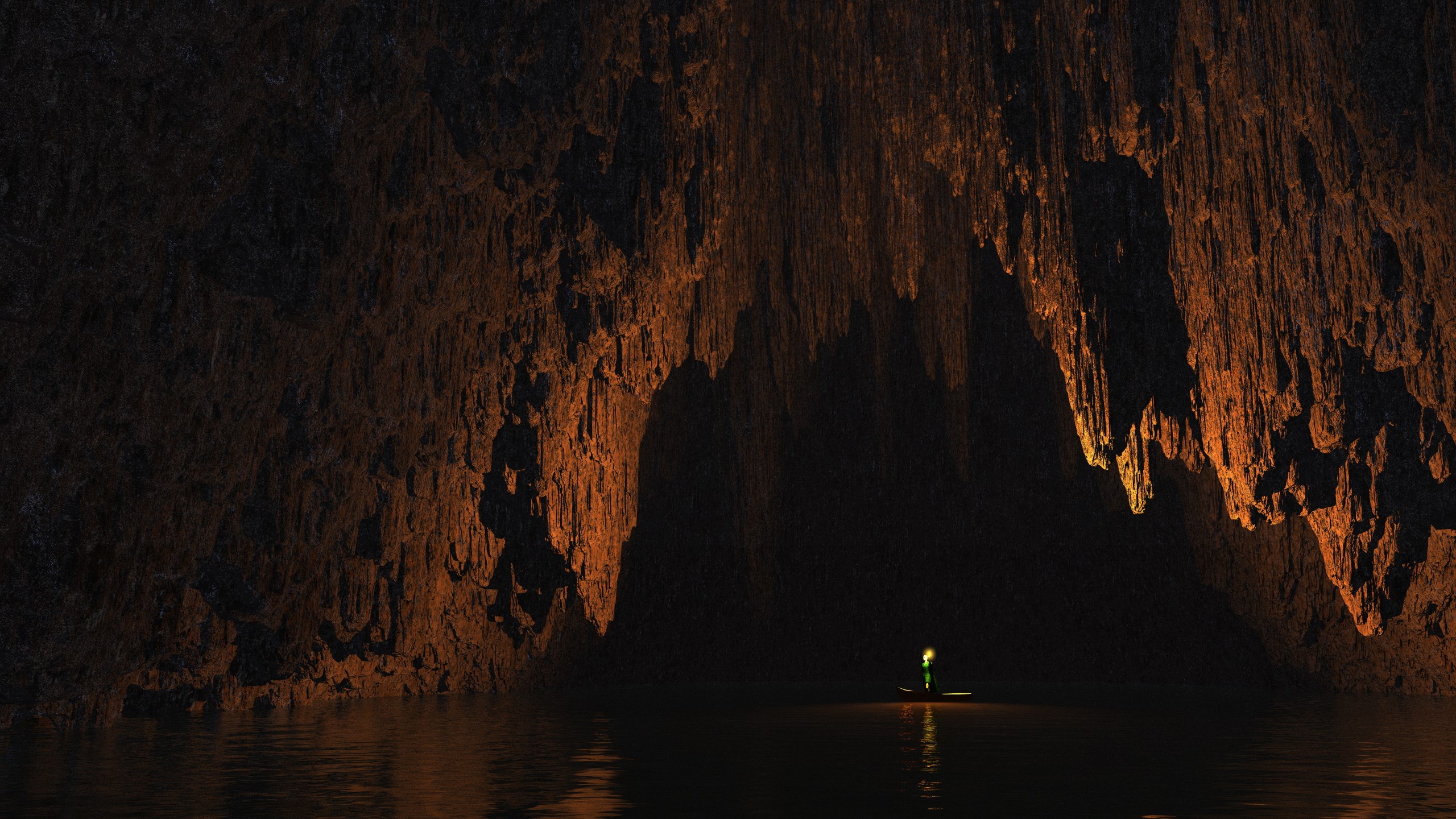 Person in boat in a dark cave with stalactites HD Wallpaper
