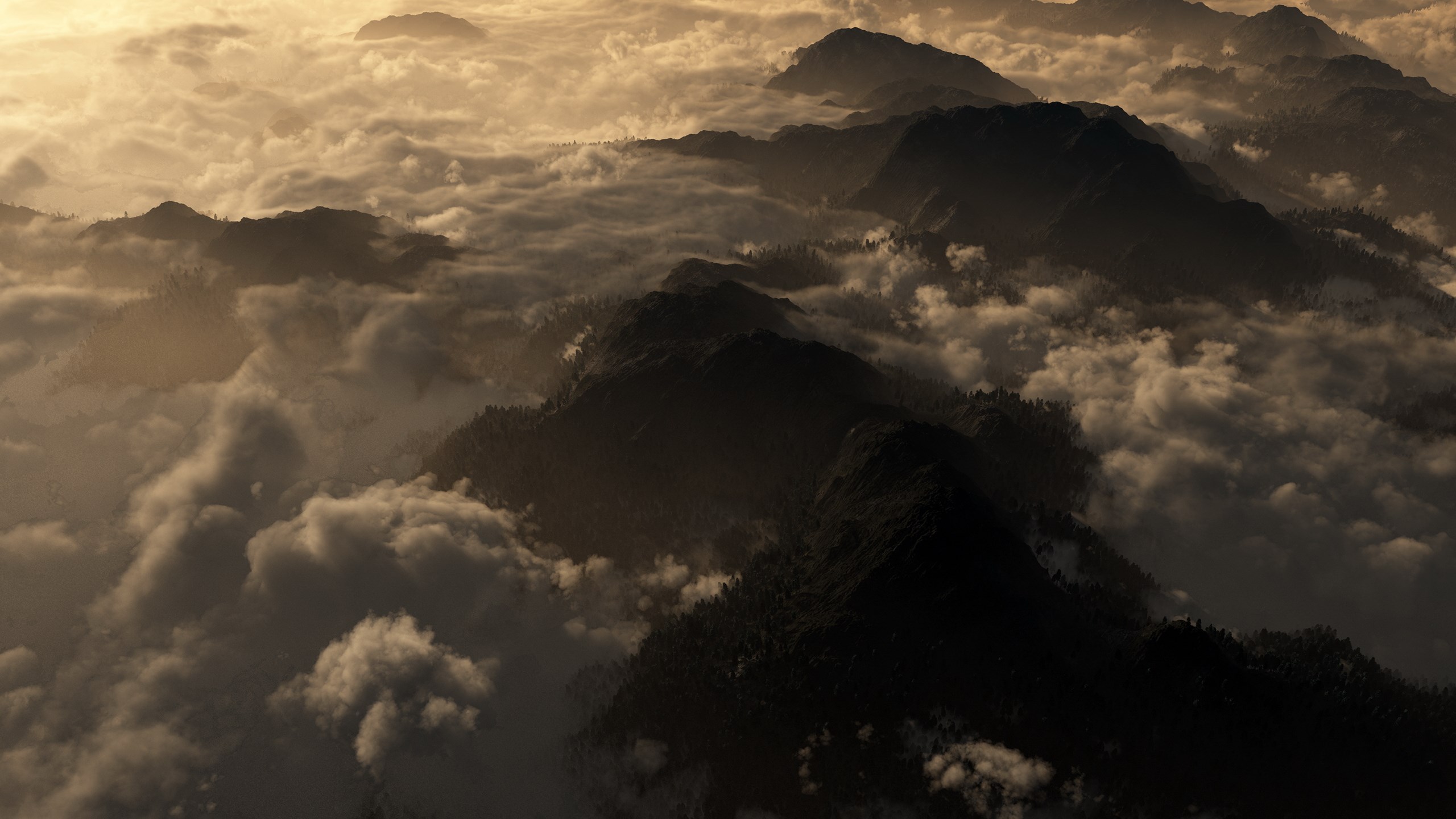 Mountains shrouded in clouds at sunrise HD Wallpaper