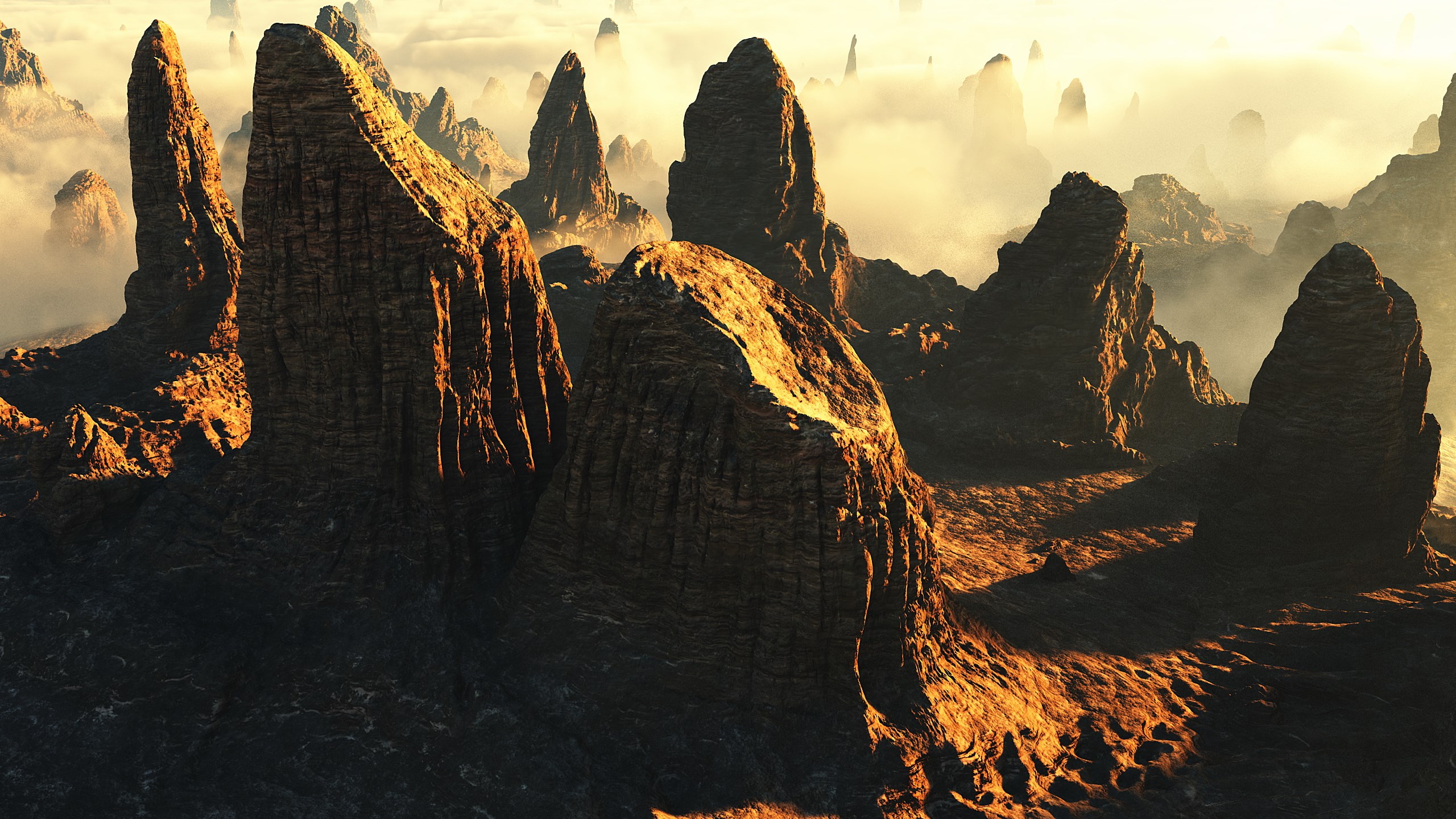 Jagged rock formations in a misty, mountainous landscape HD Wallpaper