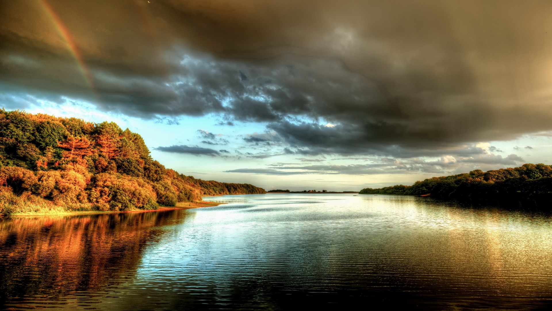 Lake with trees and stormy sky with rainbow HD Wallpaper