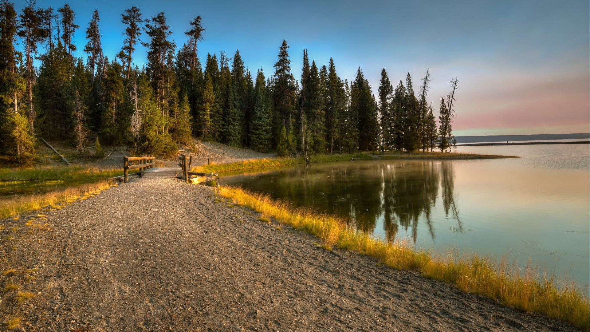 Gravel path and bridge by a lake with pine trees HD Wallpaper