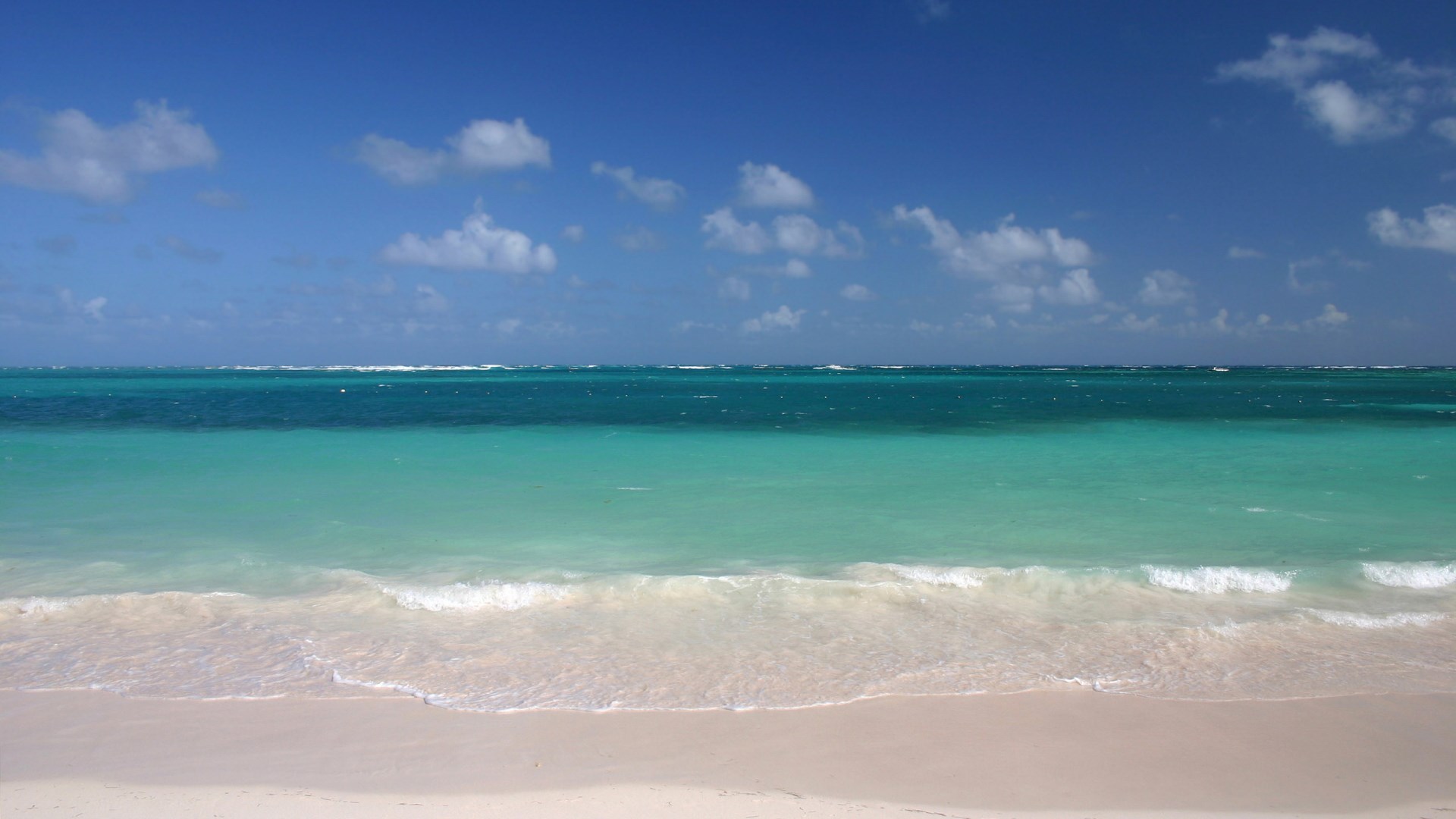 Turquoise ocean and sandy beach under blue sky HD Wallpaper
