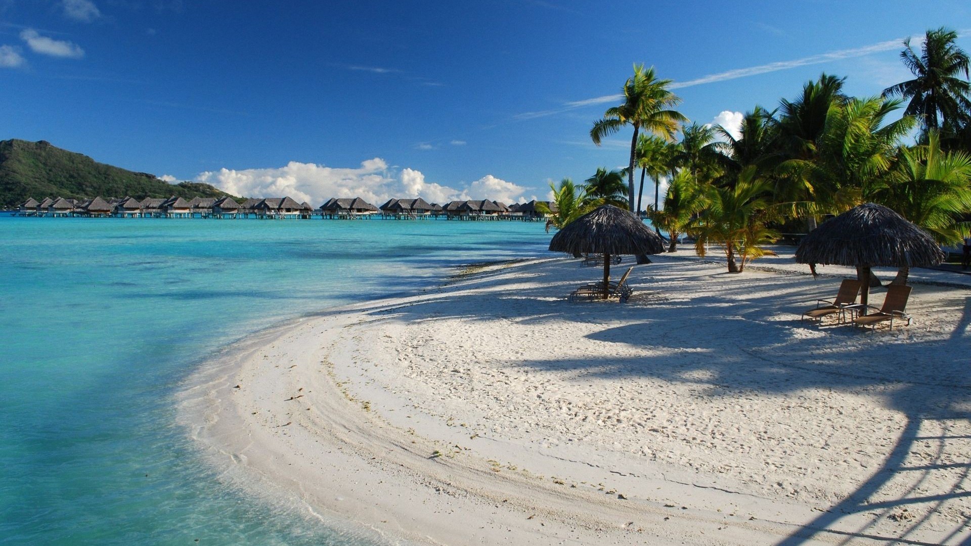 Overwater bungalows on a tropical beach with palm trees HD Wallpaper