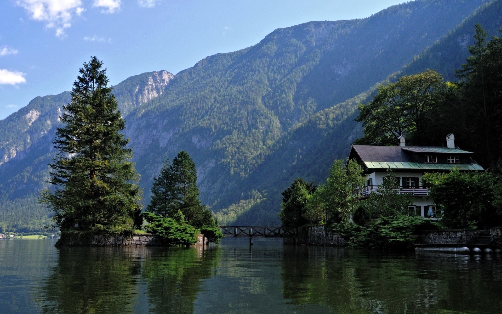 House on a lake with mountains and trees HD Wallpaper