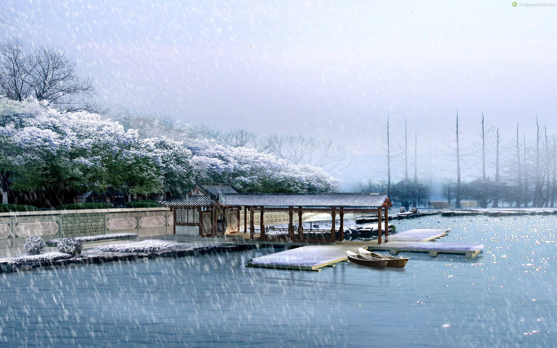 Snowing scene with traditional Japanese architecture and boats HD Wallpaper