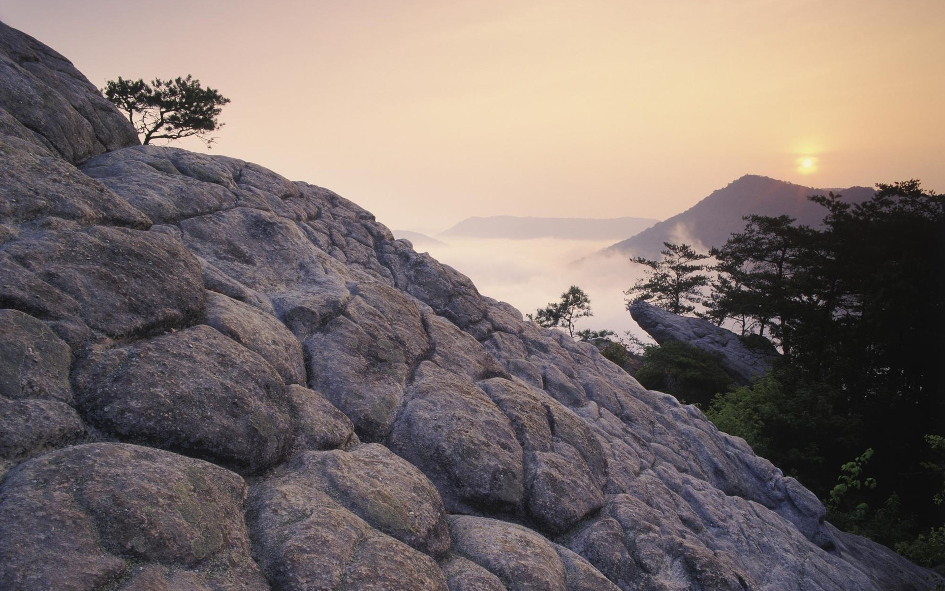 Rocky mountain slope with fog and sunrise HD Wallpaper