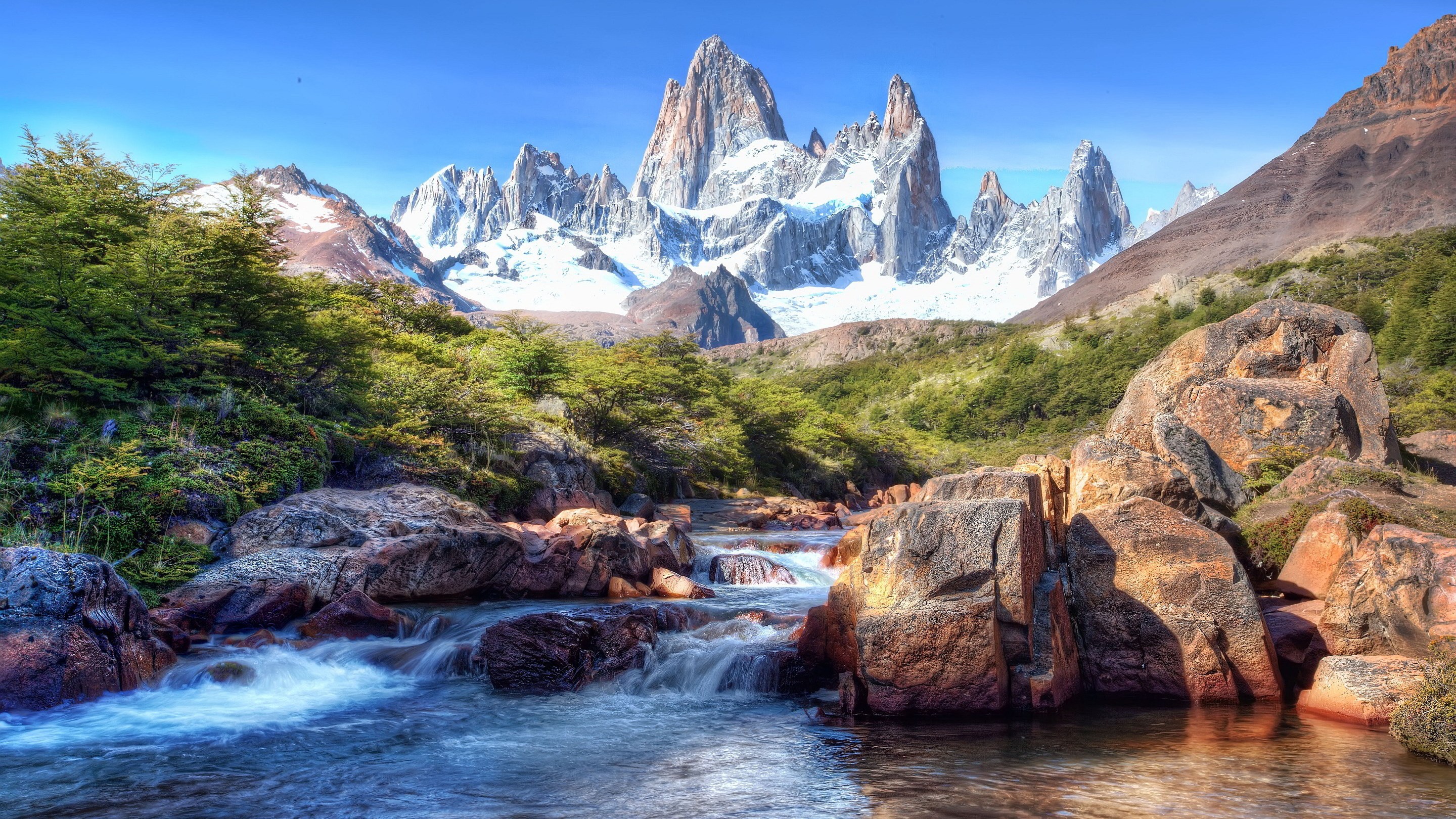 Fitz Roy mountain range and river in Patagonia HD Wallpaper