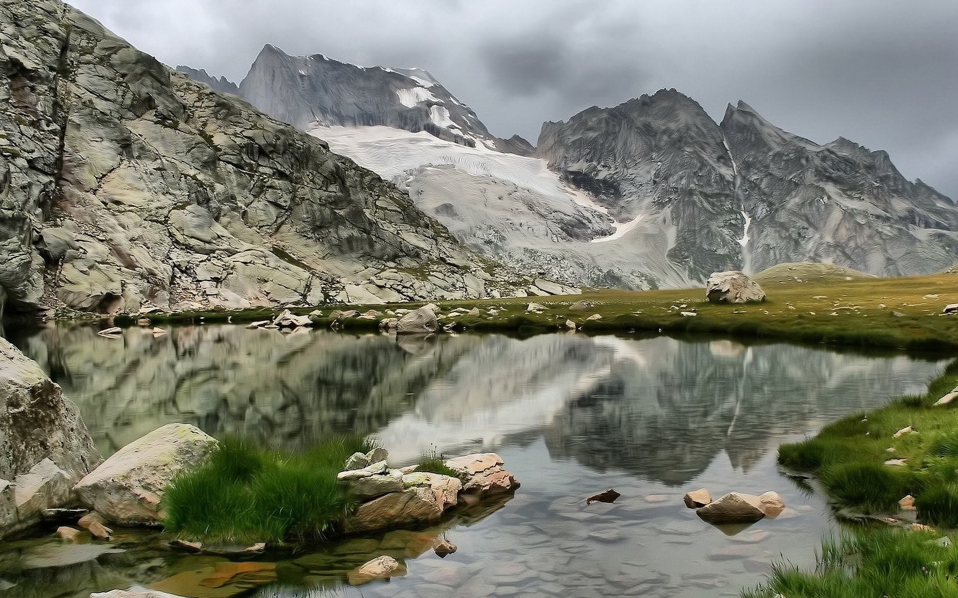 Mountain lake with glacier and rocky slopes HD Wallpaper