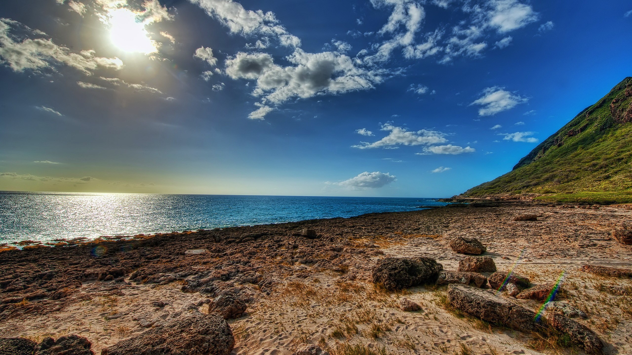 Rocky Shoreline with Green Mountain and Ocean HD Wallpaper