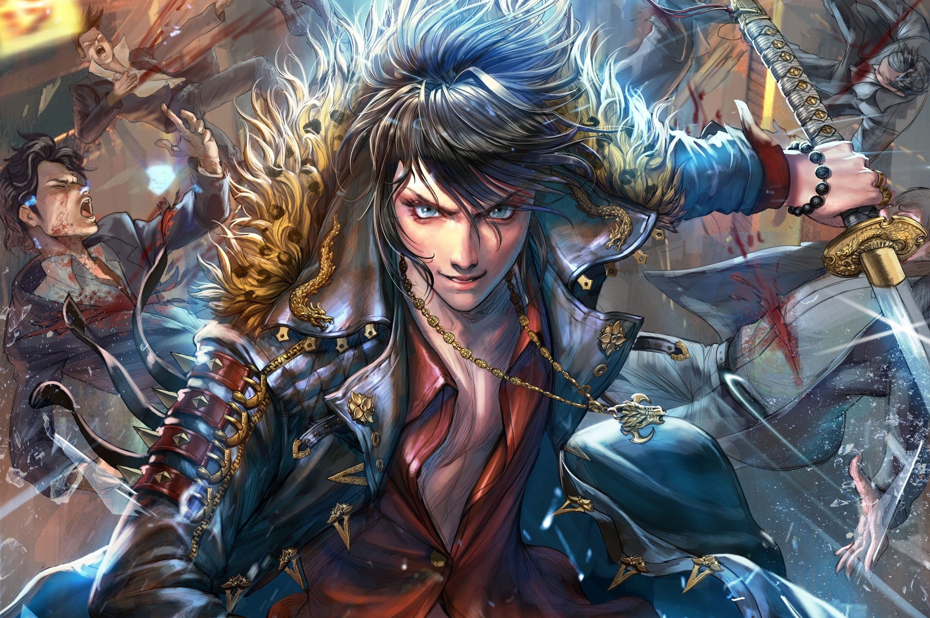 Anime boy with sword fighting enemies HD Wallpaper