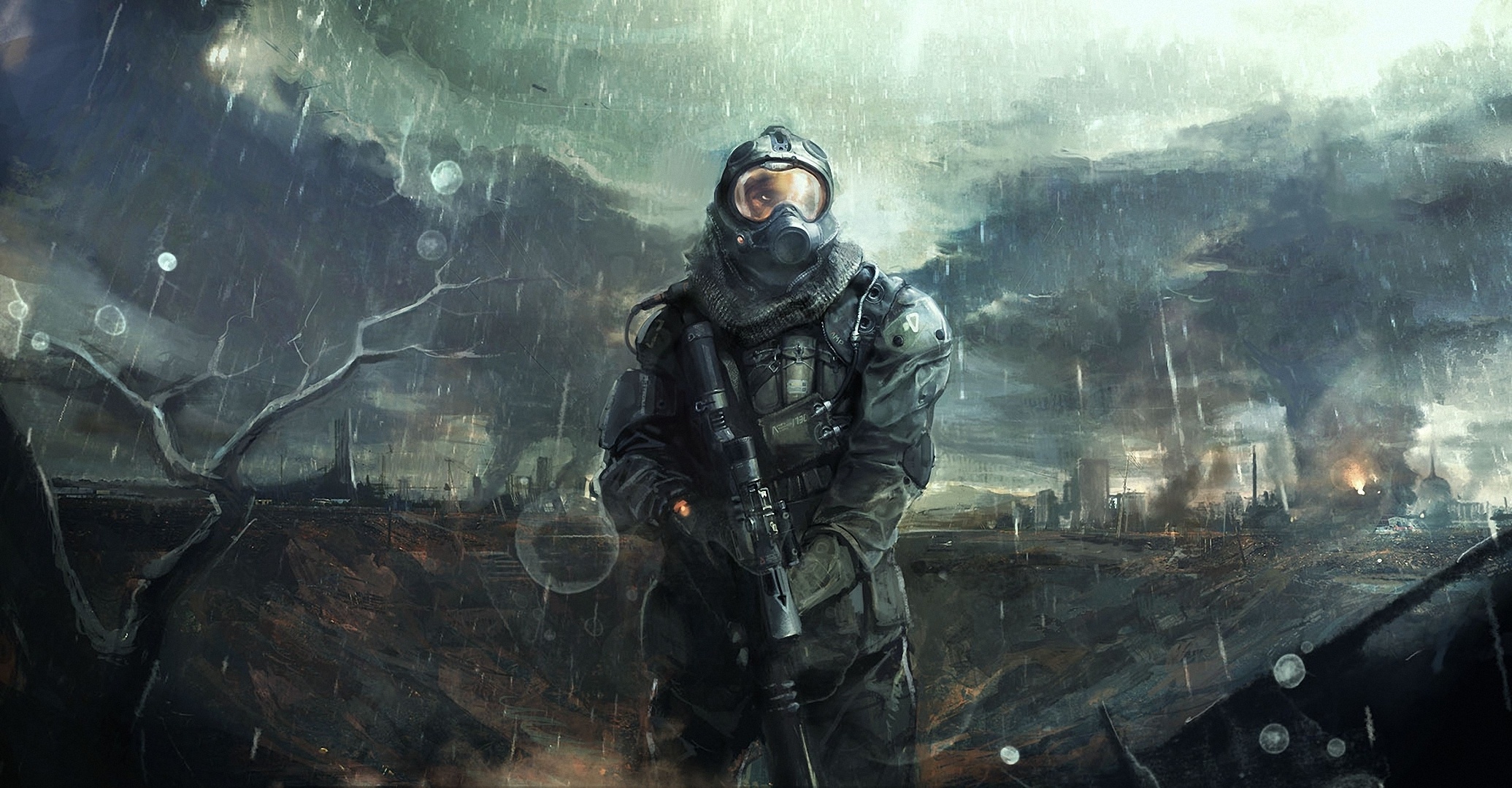 Soldier in gas mask and armor in a post-apocalyptic rainy landscape HD Wallpaper