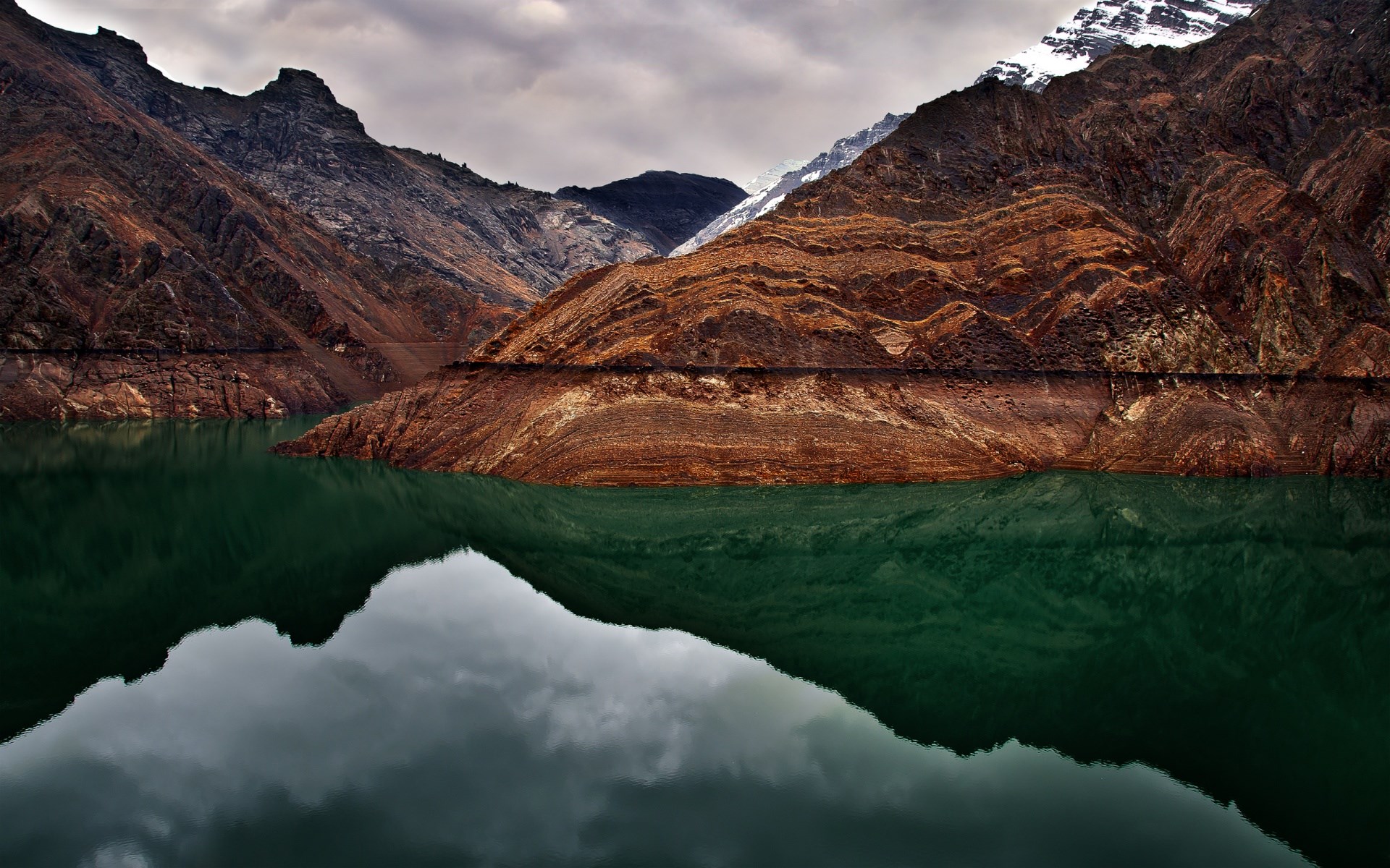 Mountain lake reflection under cloudy sky HD Wallpaper