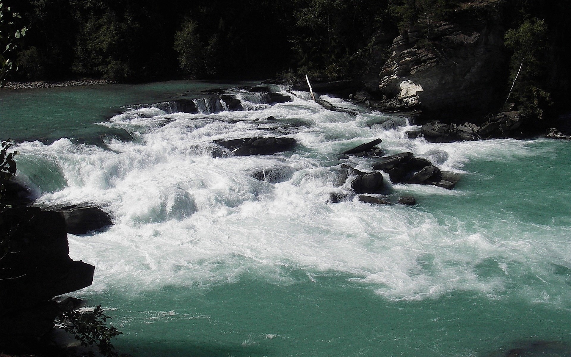 Turquoise river rapids flowing over rocks HD Wallpaper