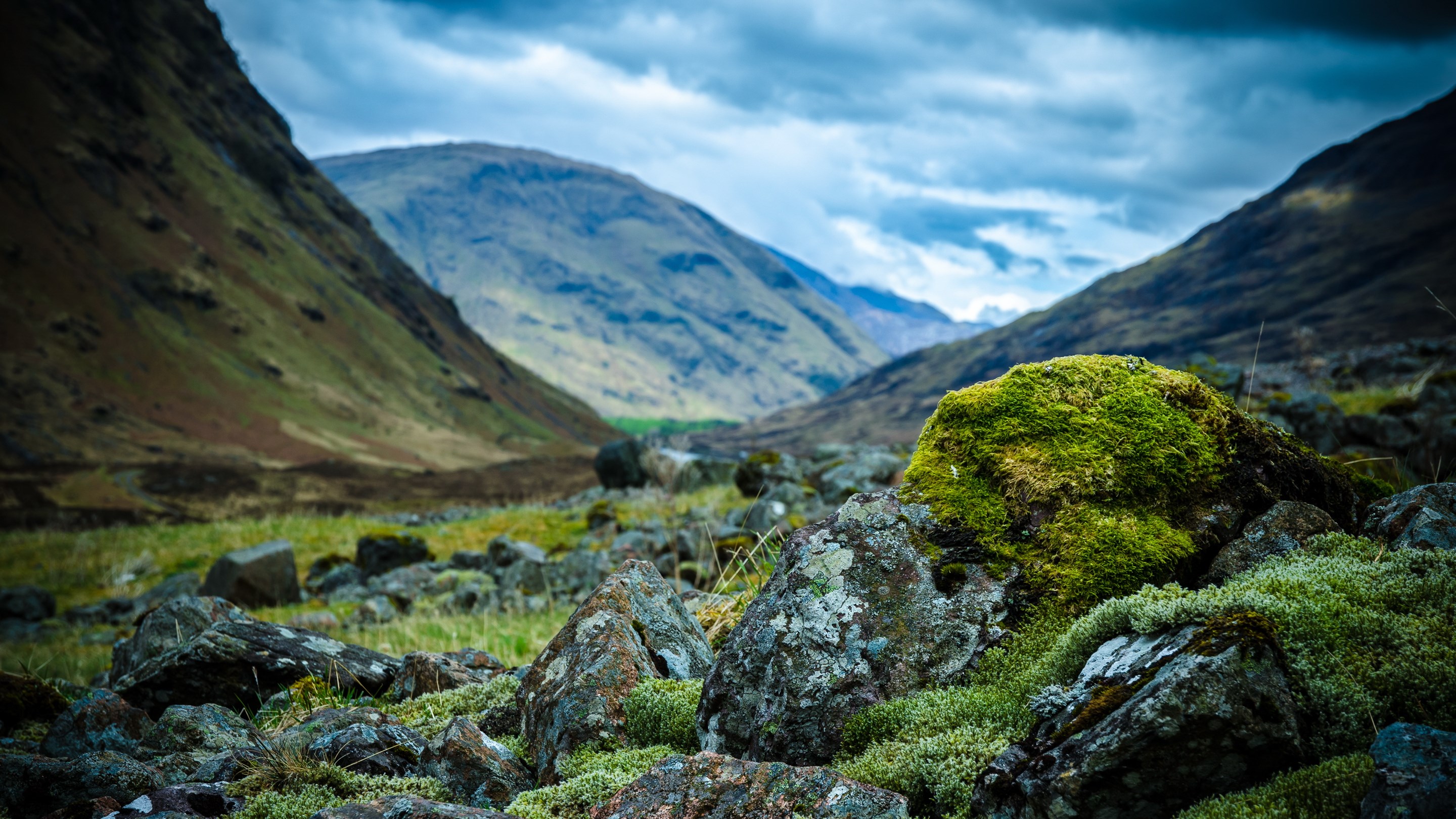 Mossy rocks in a mountain valley under cloudy sky HD Wallpaper