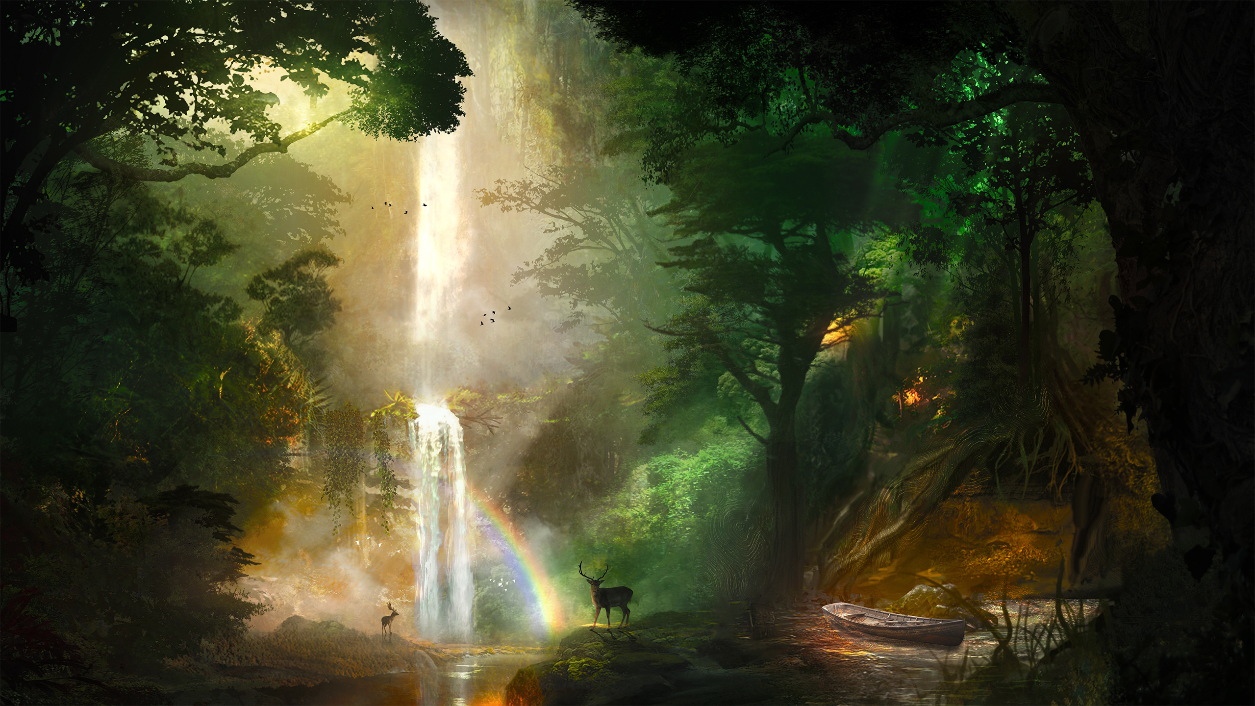 Digital art of a jungle waterfall with deer and a boat HD Wallpaper