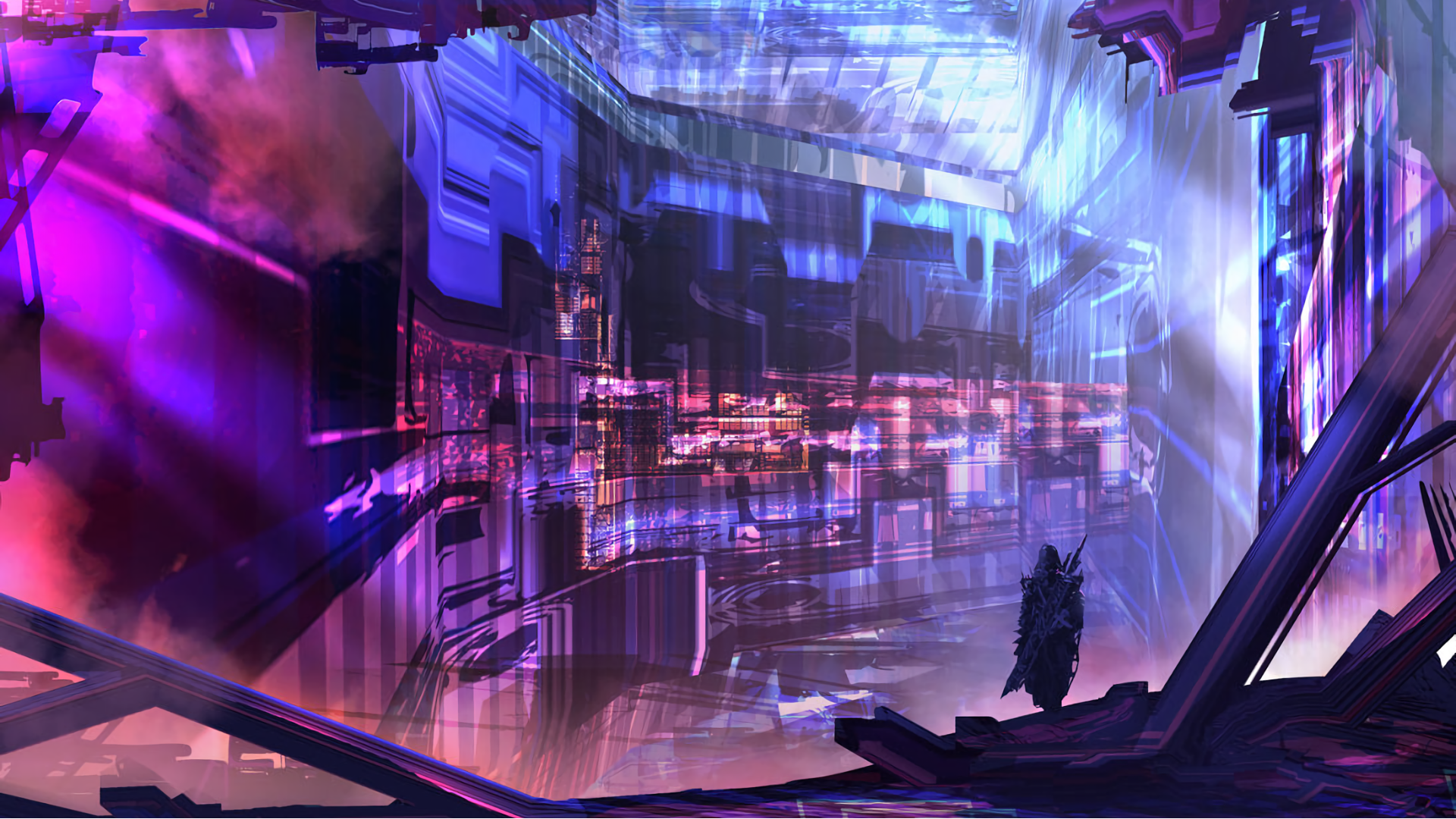 Cyberpunk city with a lone warrior HD Wallpaper