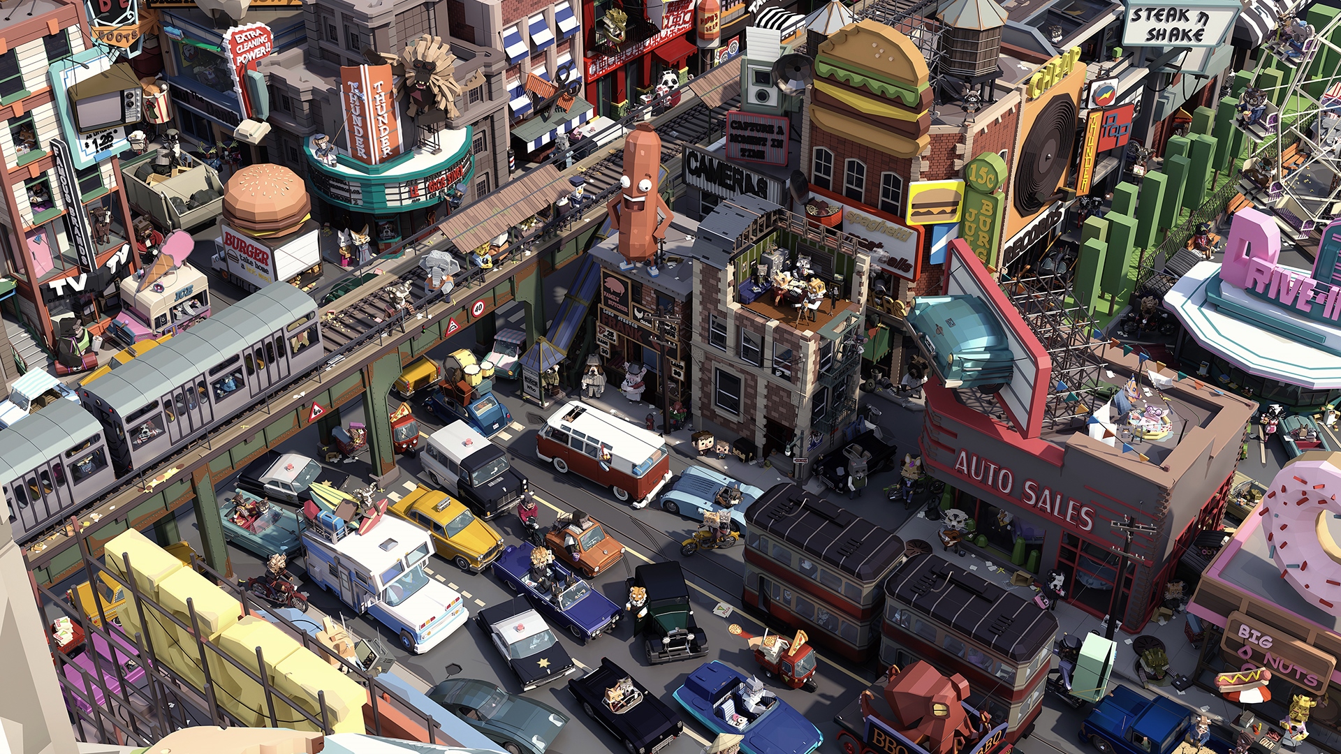 Low poly isometric city street with cars and buildings HD Wallpaper