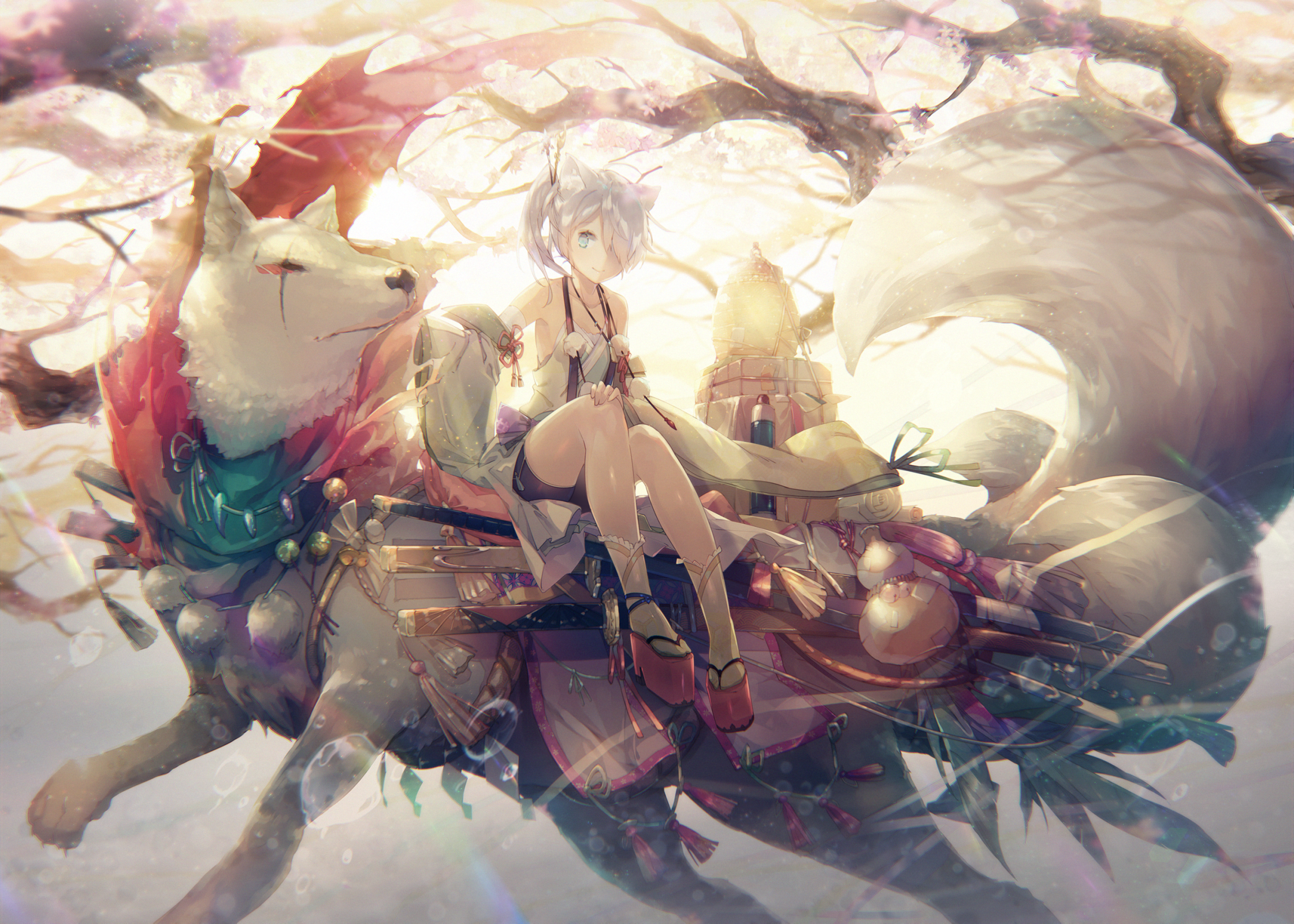 Anime girl with fox-like creature under cherry blossoms HD Wallpaper