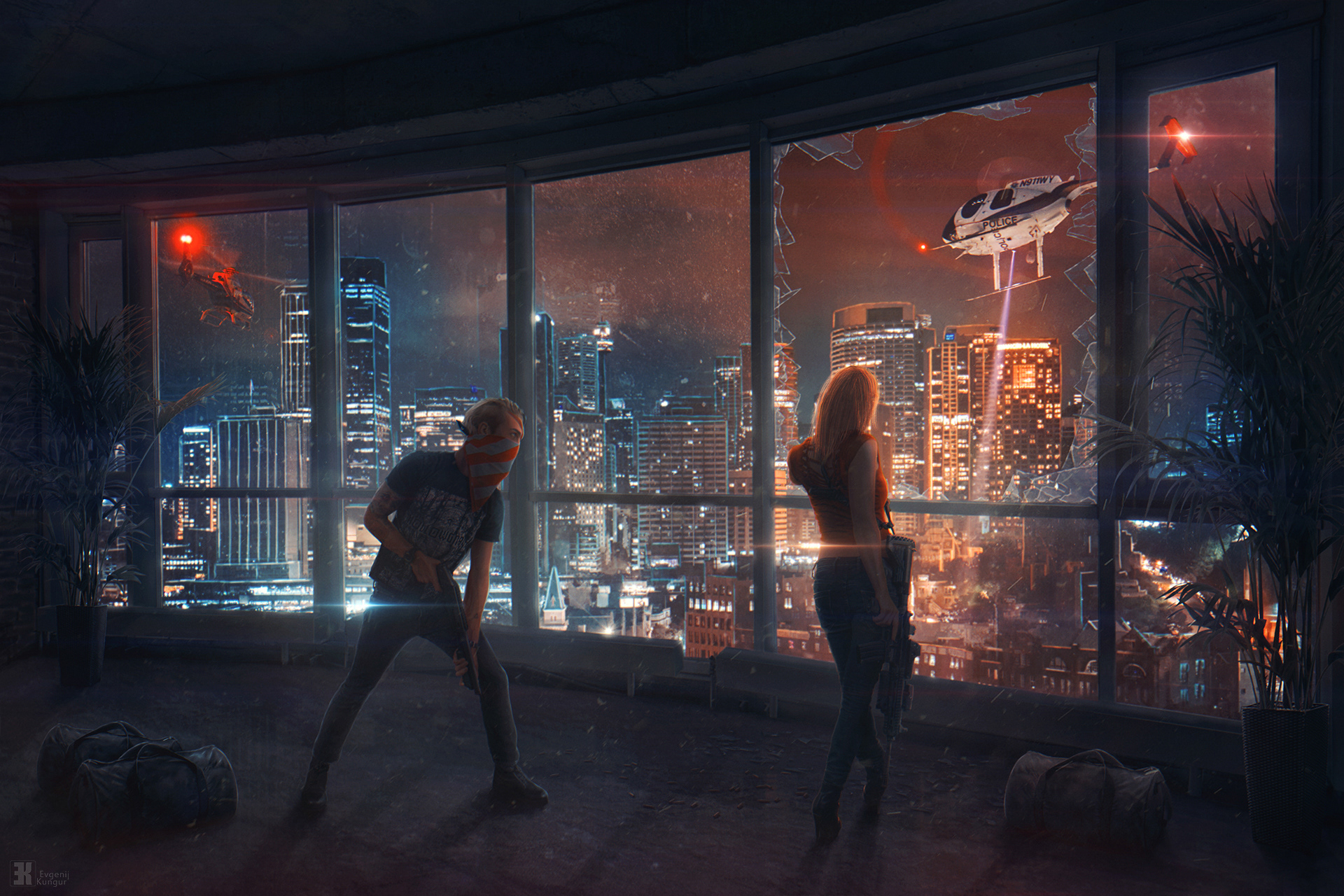 Man and woman in broken window apartment with police helicopters HD Wallpaper